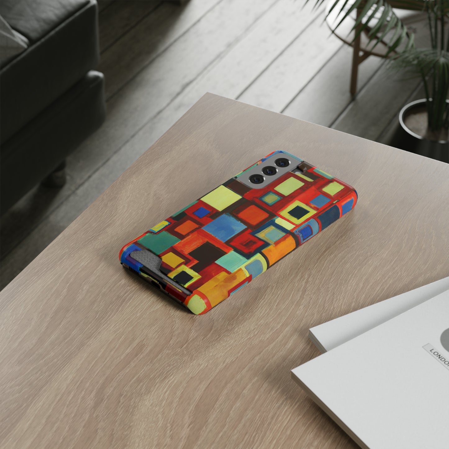 iPhone 13 and Samsung S21, S22 Cases with Card Holder Ft. Abstract Squares