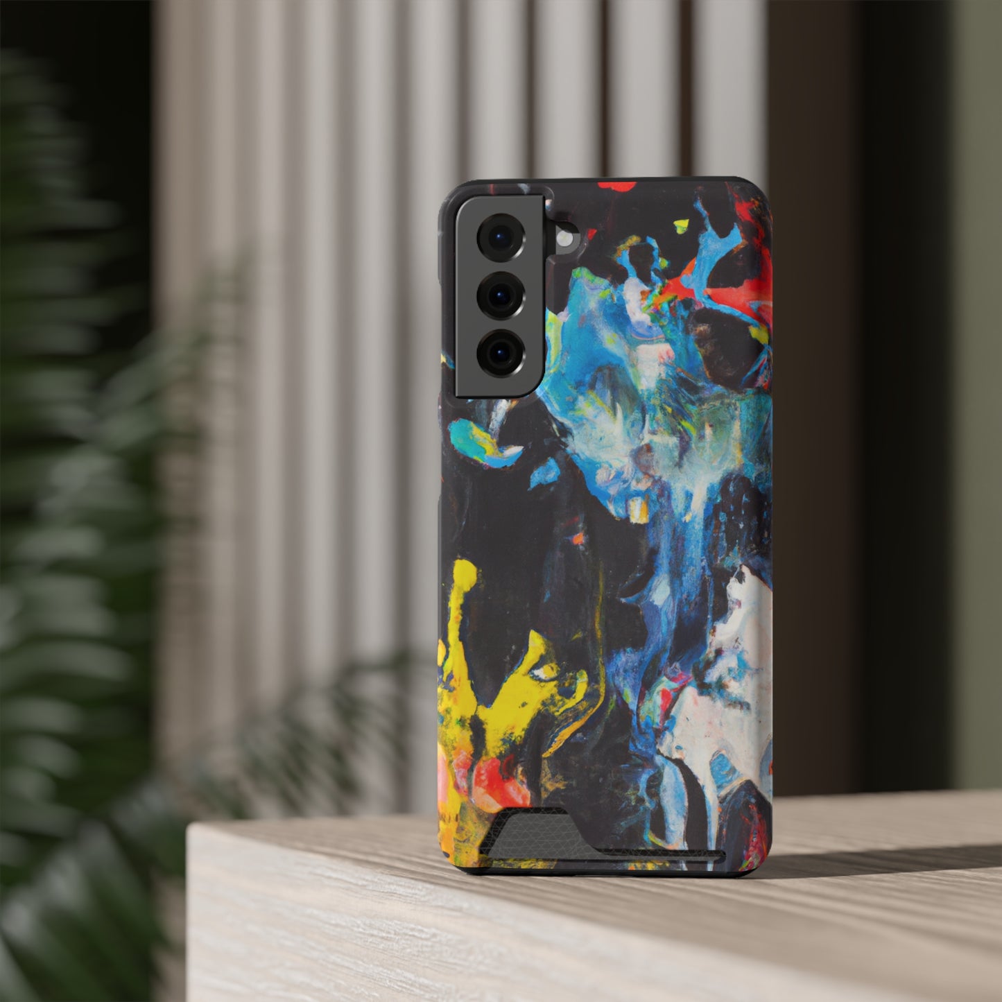 iPhone 13 or Samsung S21, S22 Case with Card Holder Ft. Blue Splat