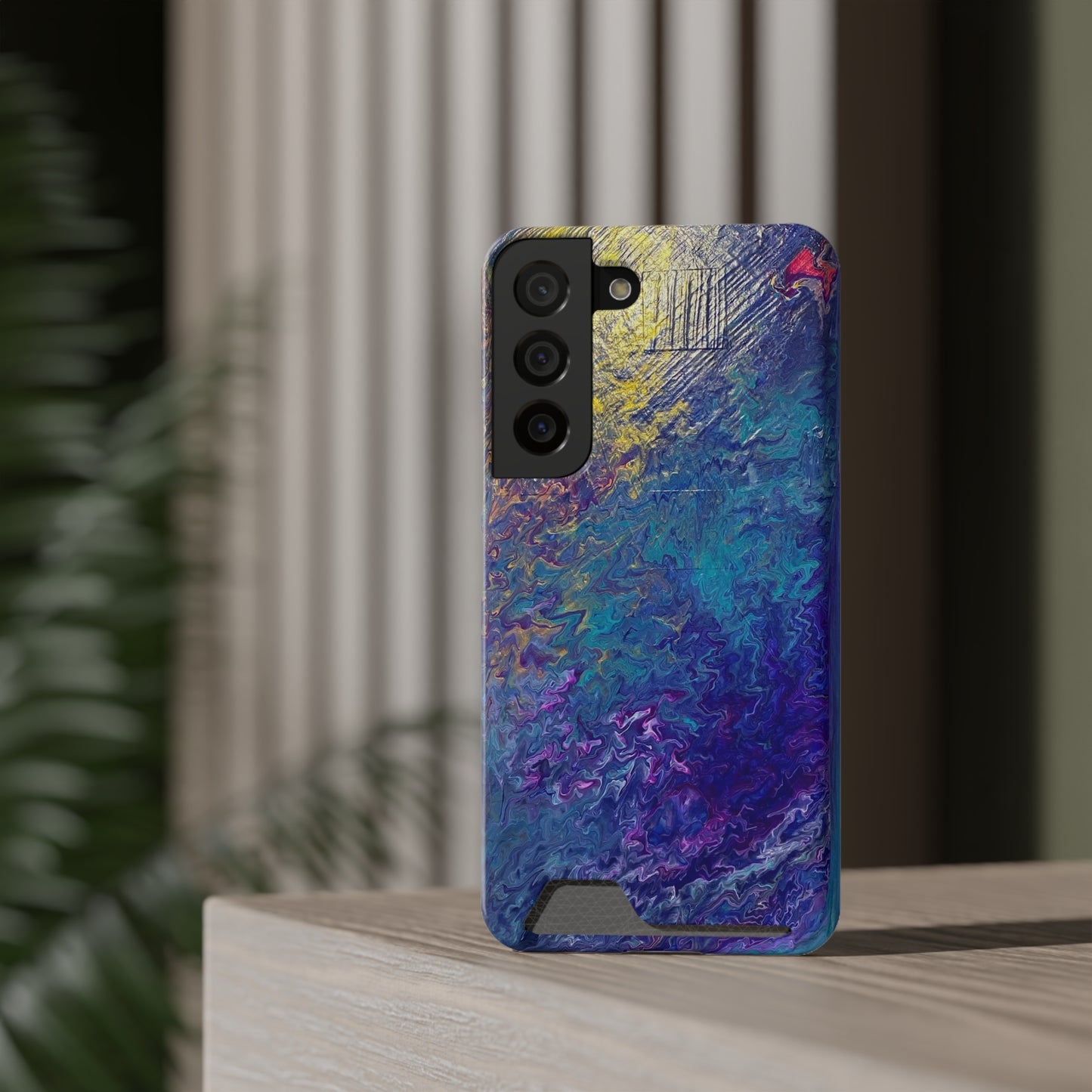 iPhone 13 and Samsung S21, S22 Cases with Card Holder Ft. Abstract Blue Waterfall