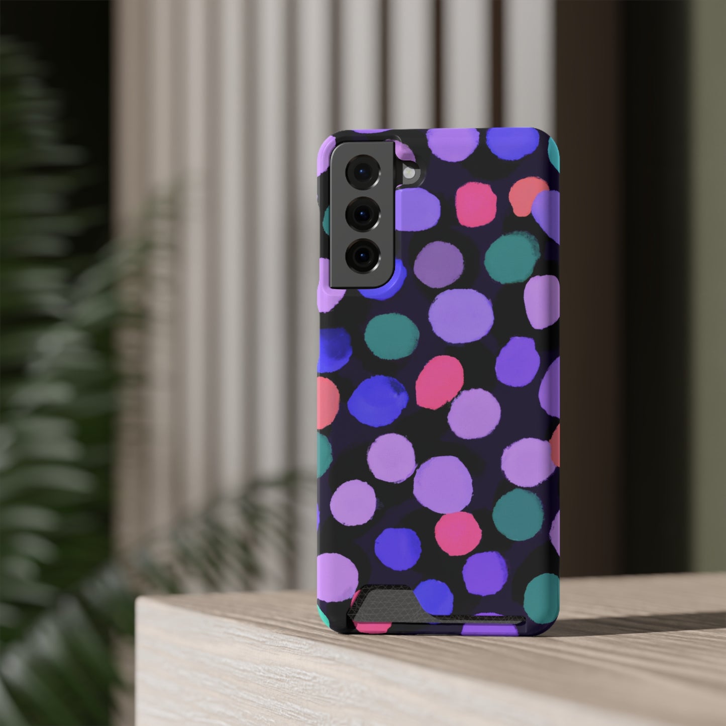 iPhone 13 and Samsung S21, S22 Cases with Card Holder Ft. Purple Dots