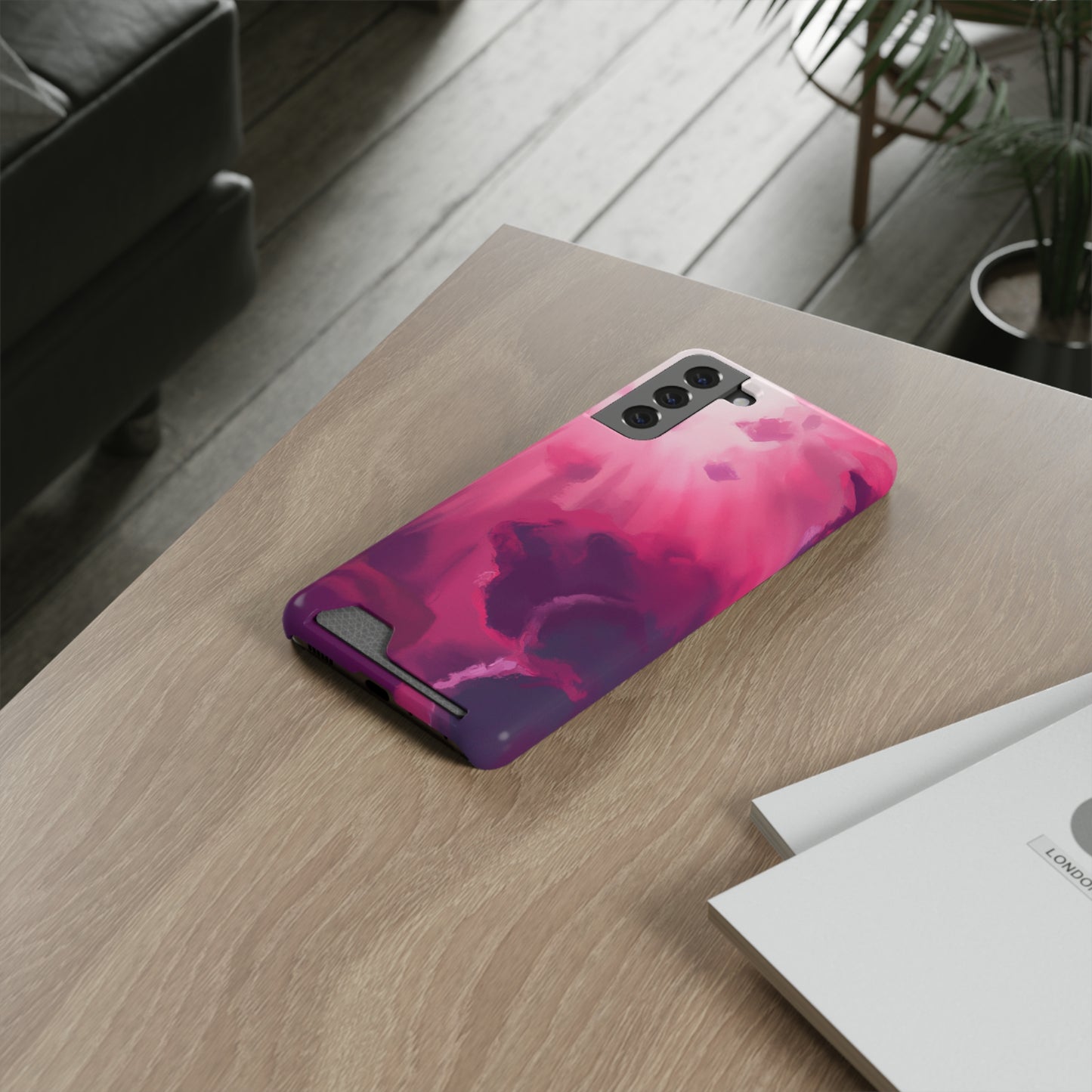 iPhone 13 and Samsung S21, S22 Cases with Card Holder Ft. Abstract Pink Sky