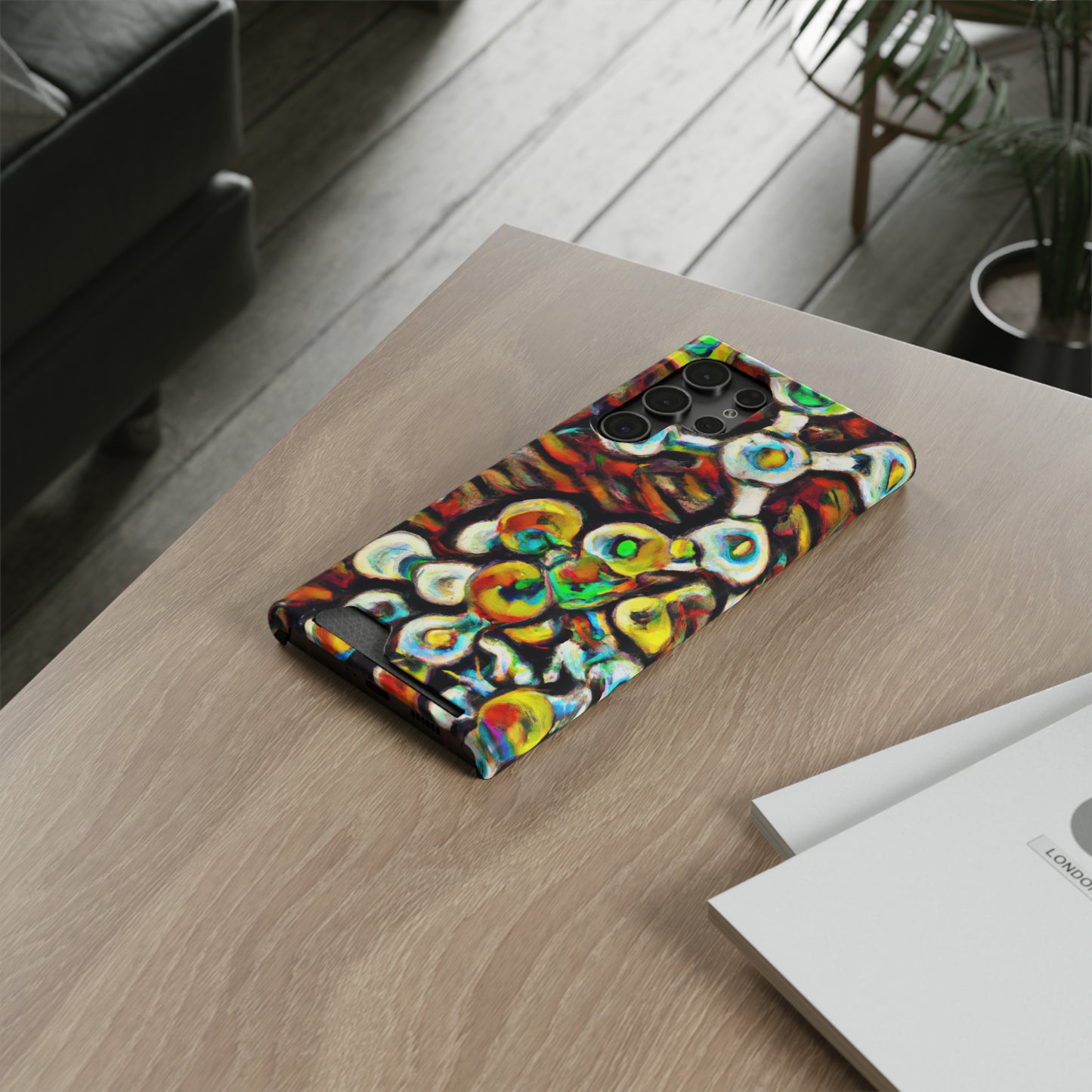 iPhone 13 and Samsung S21, S22 Cases with Card Holder Ft. Abstract Molecule