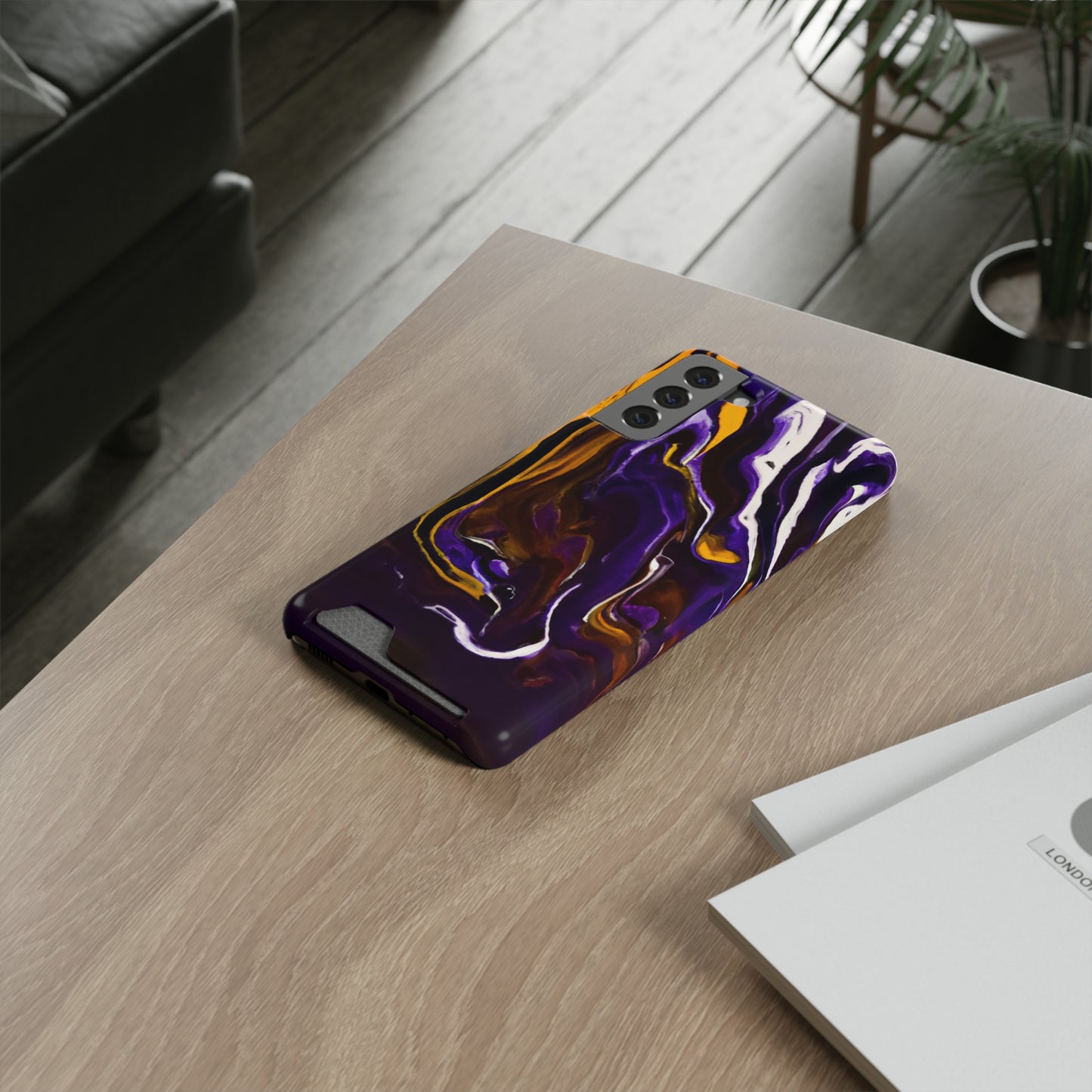 iPhone 13 and Samsung S21, S22 Cases with Card Holder Ft. Purple Tiger Stripes