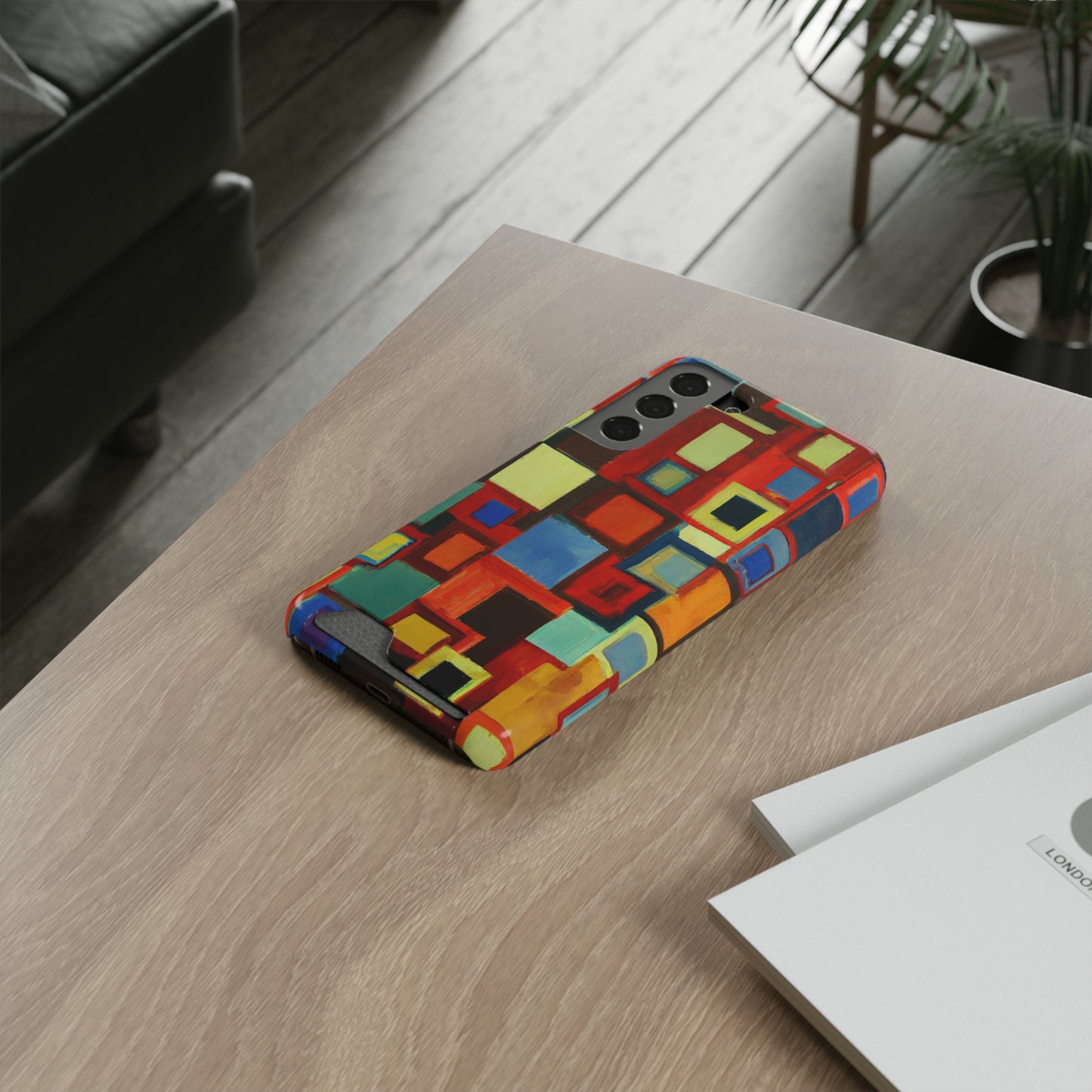 iPhone 13 and Samsung S21, S22 Cases with Card Holder Ft. Abstract Squares
