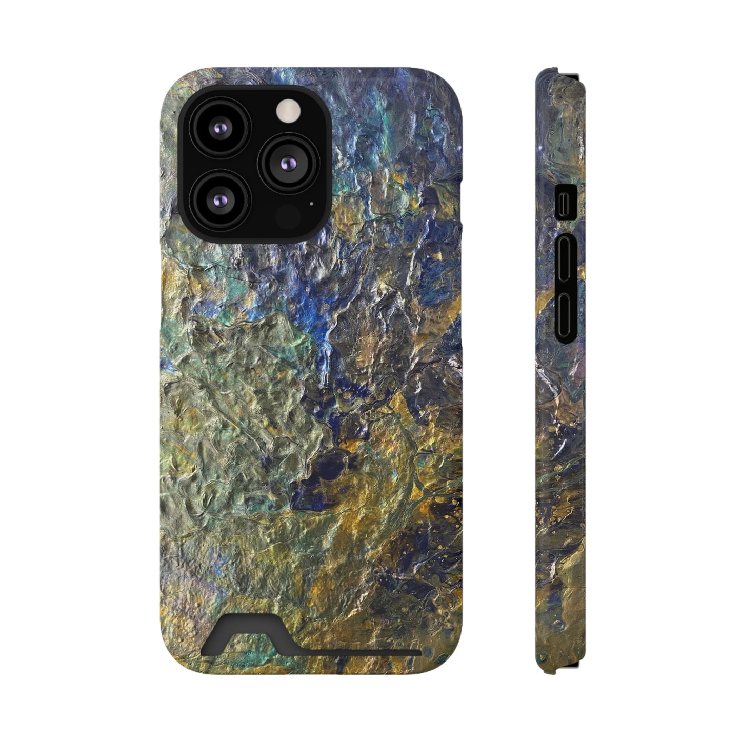 iPhone 13 and Samsung S21, S22 Cases with Card Holder Ft. Abstract Acrylic Gold Waterfall