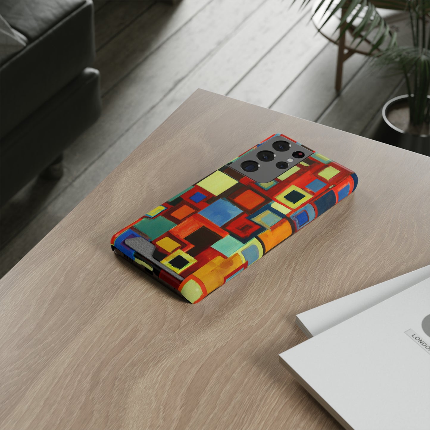 iPhone 13 and Samsung S21, S22 Cases with Card Holder Ft. Abstract Squares
