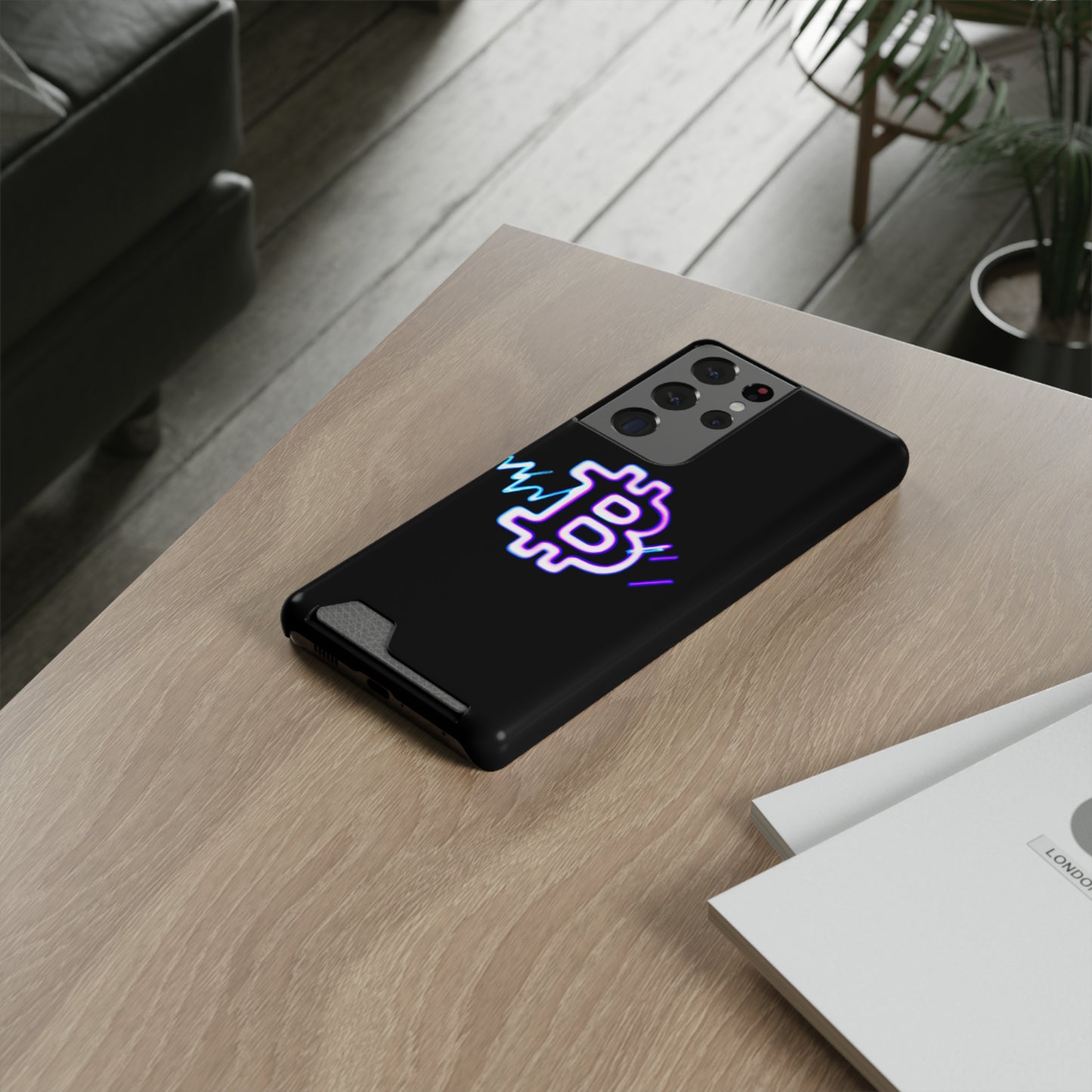iPhone 13 and Samsung S21, S22 Cases with Card Holder Ft. Synthwave Bitcoin Symbol