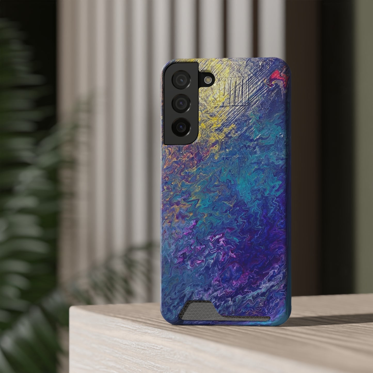 iPhone 13 and Samsung S21, S22 Cases with Card Holder Ft. Abstract Blue Waterfall