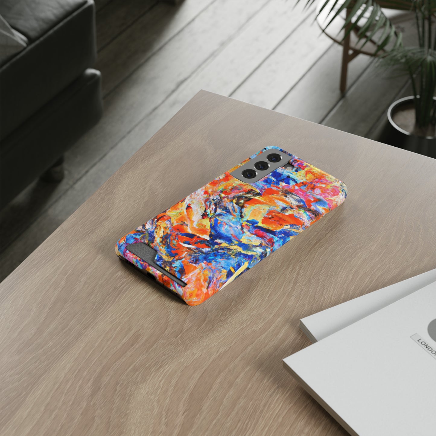 iPhone 13 and Samsung S21, S22 Cases with Card Holder Ft. Abstract Blue and Orange