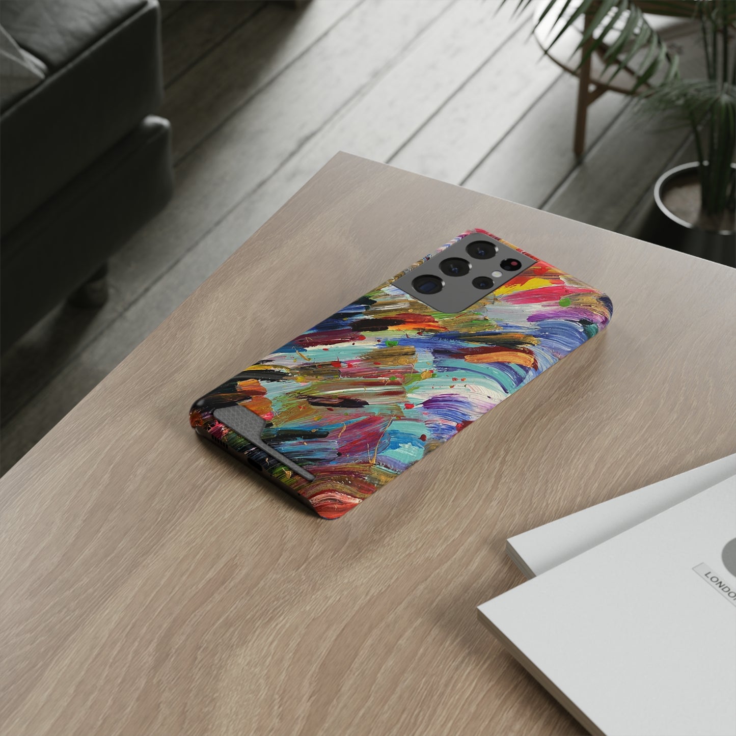 iPhone 13 and Samsung S21, S22 Cases with Card Holder Ft. Abstract Acrylic Feathers