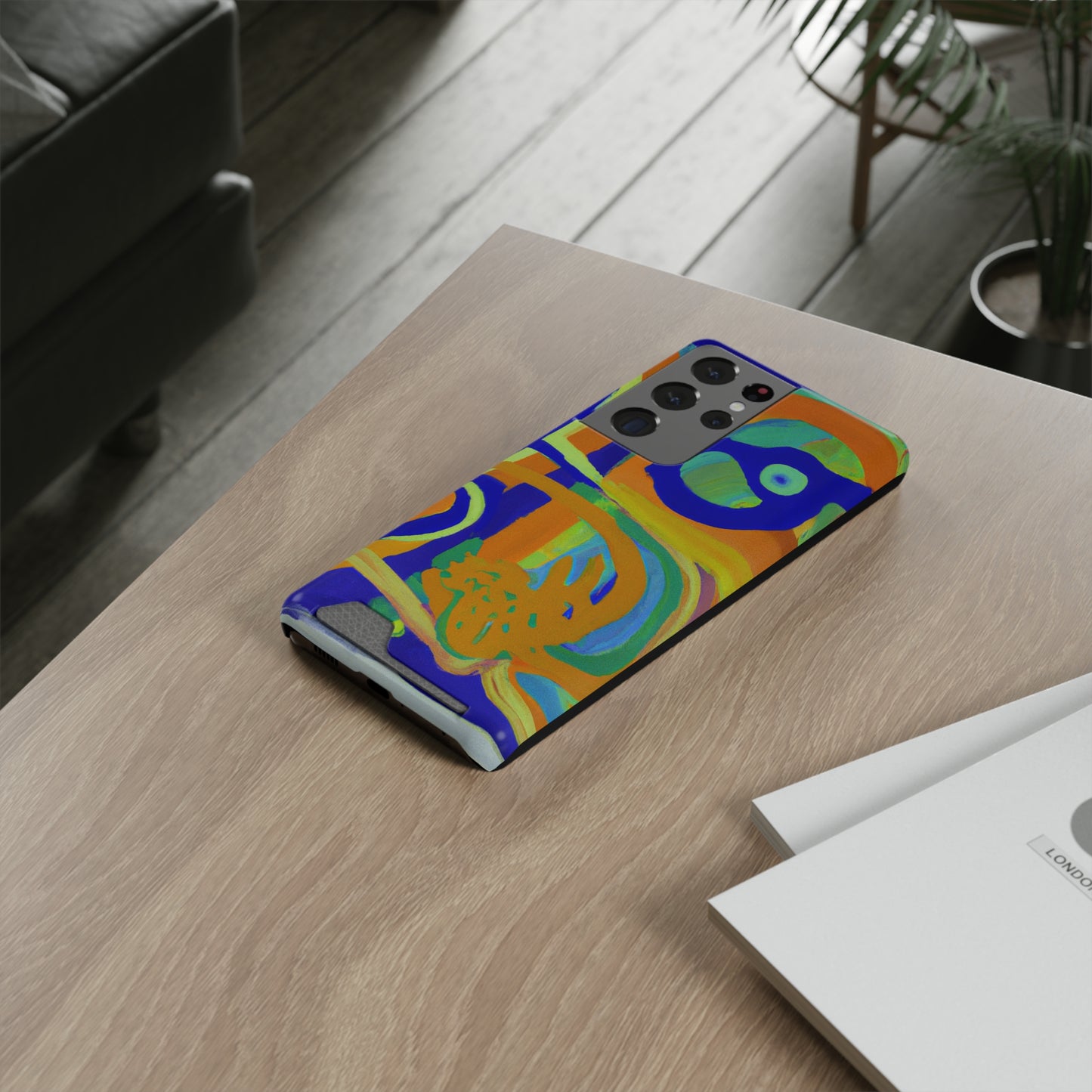 iPhone 13 and Samsung S21, S22 Cases with Card Holder Ft. Blue Orange Curves