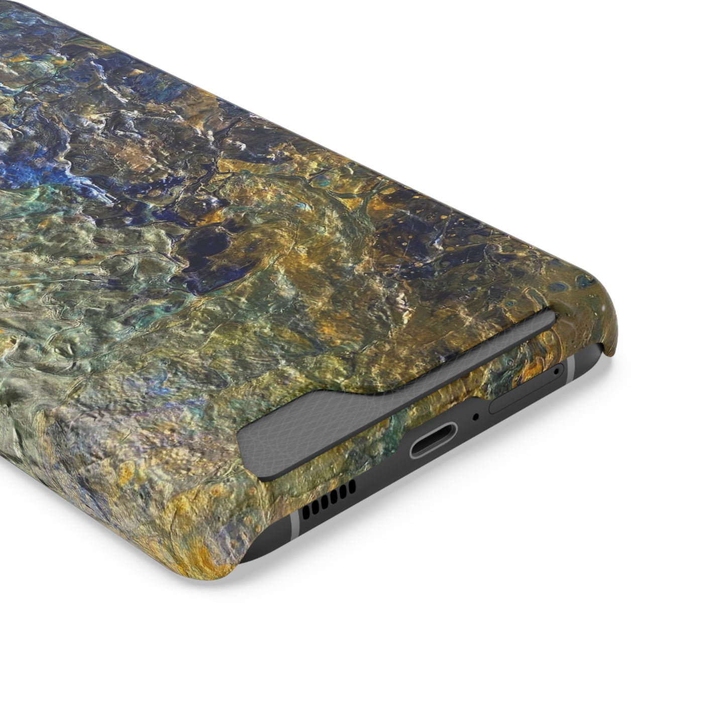 iPhone 13 and Samsung S21, S22 Cases with Card Holder Ft. Abstract Acrylic Gold Waterfall
