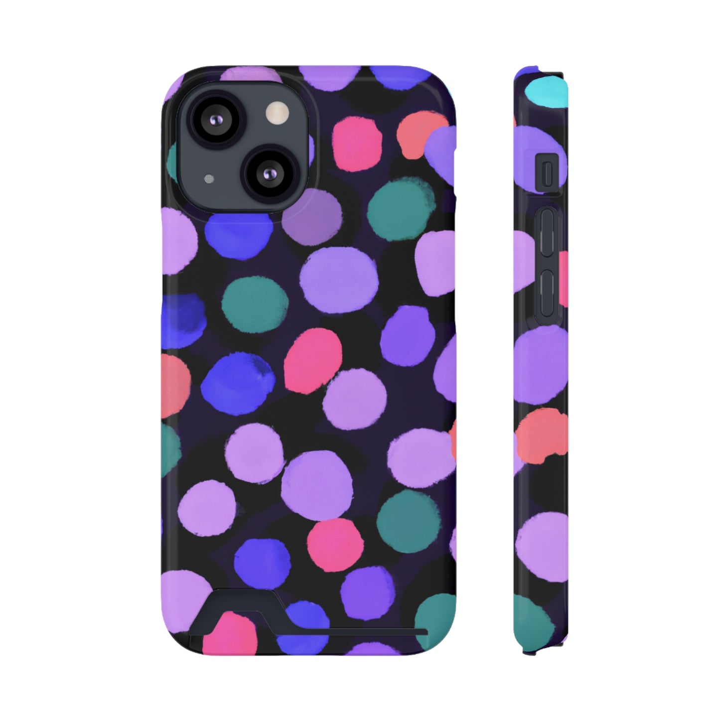iPhone 13 and Samsung S21, S22 Cases with Card Holder Ft. Purple Dots