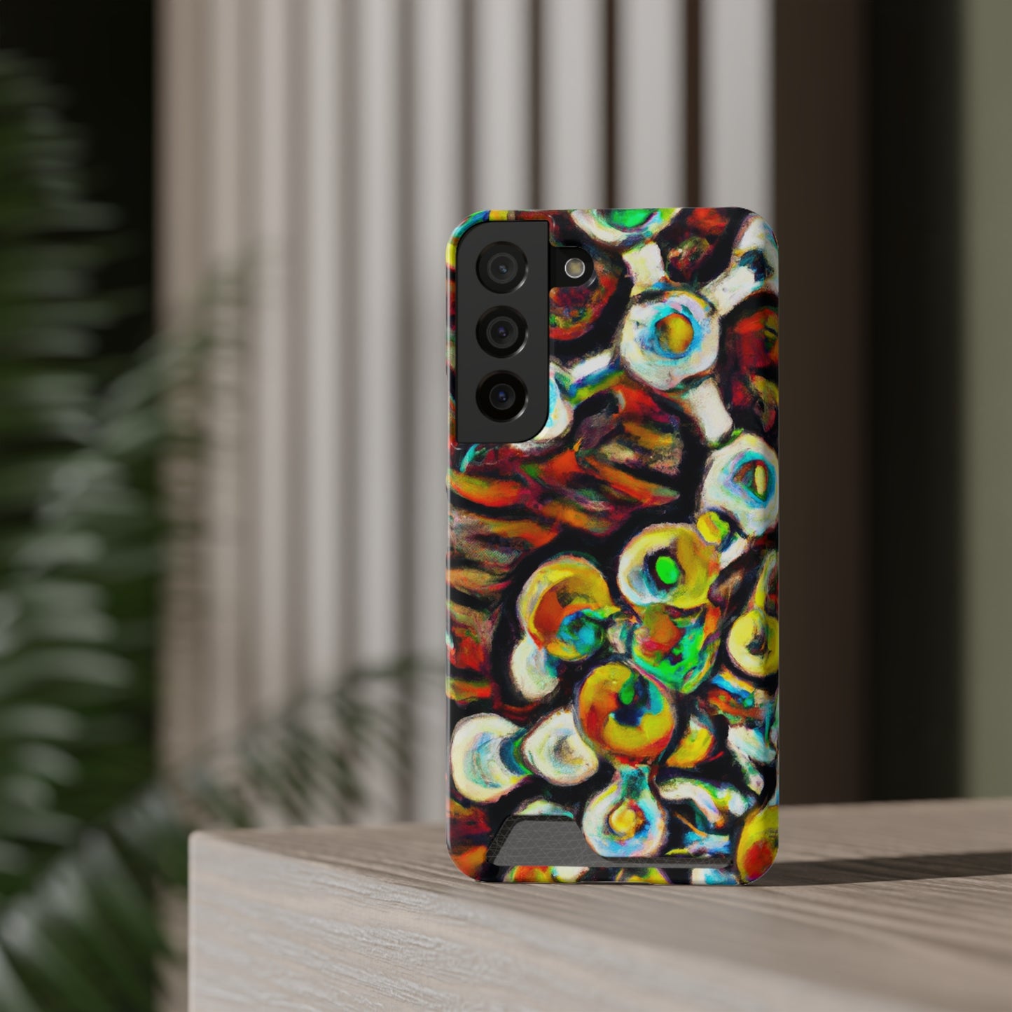 iPhone 13 and Samsung S21, S22 Cases with Card Holder Ft. Abstract Molecule