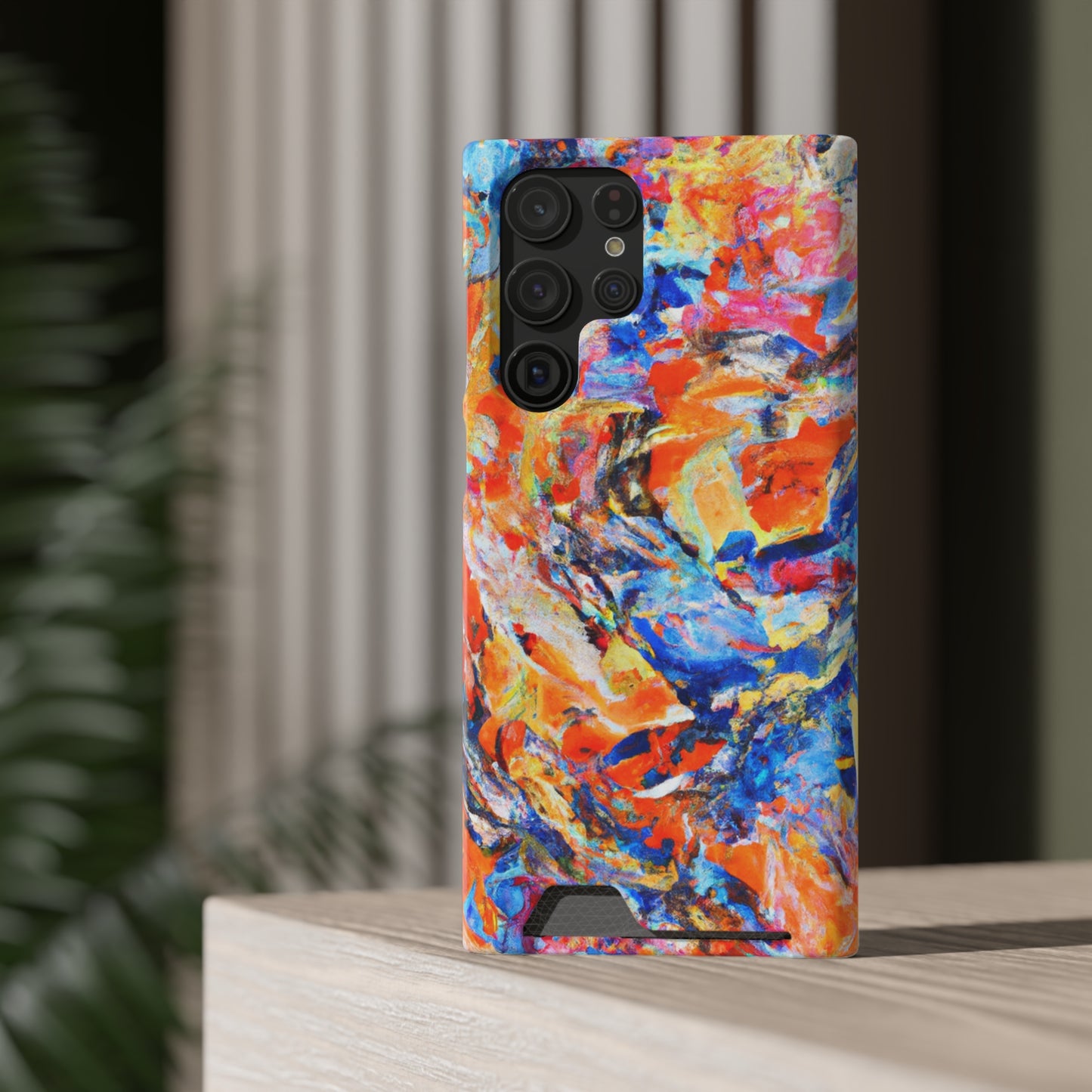 iPhone 13 and Samsung S21, S22 Cases with Card Holder Ft. Abstract Blue and Orange