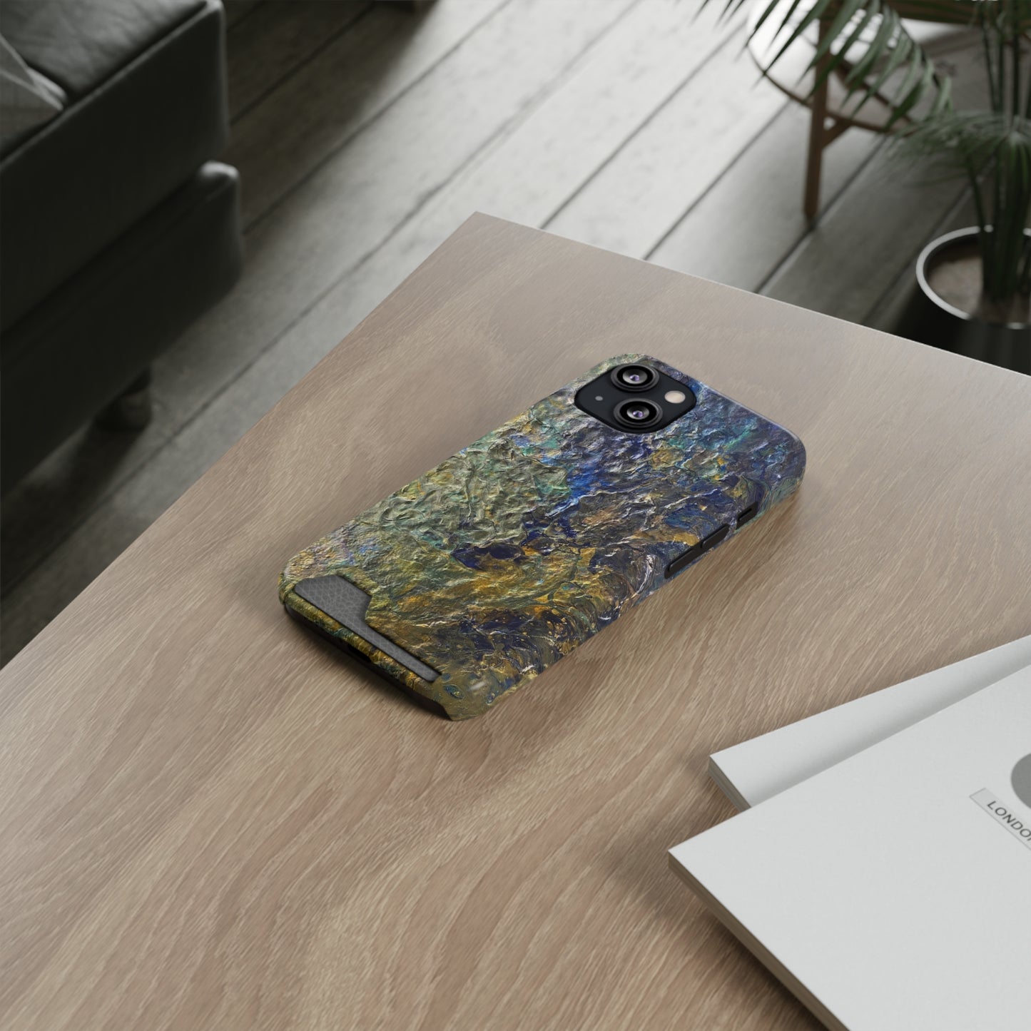 iPhone 13 and Samsung S21, S22 Cases with Card Holder Ft. Abstract Acrylic Gold Waterfall