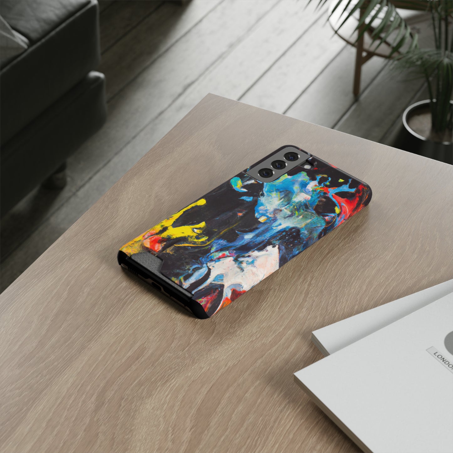 iPhone 13 or Samsung S21, S22 Case with Card Holder Ft. Blue Splat