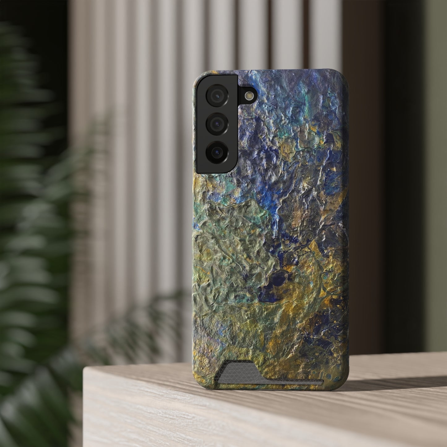 iPhone 13 and Samsung S21, S22 Cases with Card Holder Ft. Abstract Acrylic Gold Waterfall