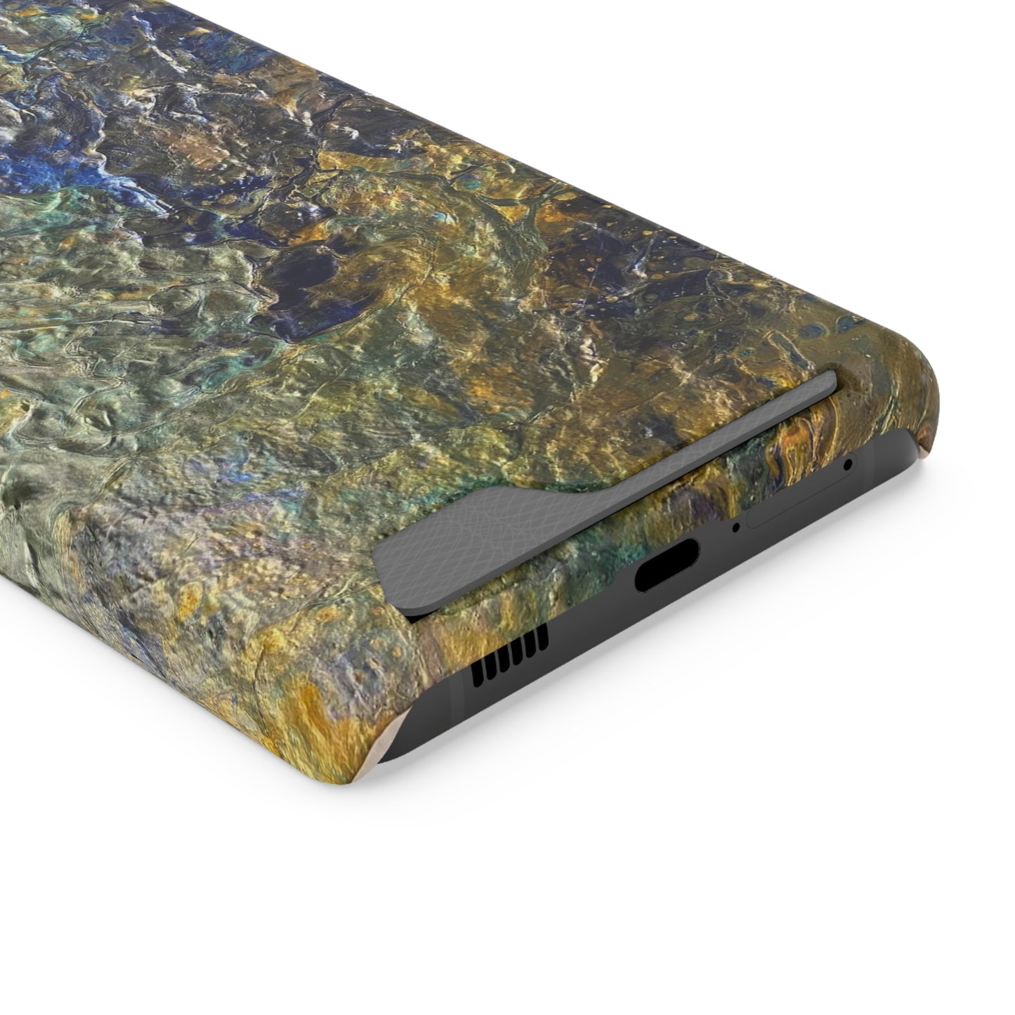 iPhone 13 and Samsung S21, S22 Cases with Card Holder Ft. Abstract Acrylic Gold Waterfall