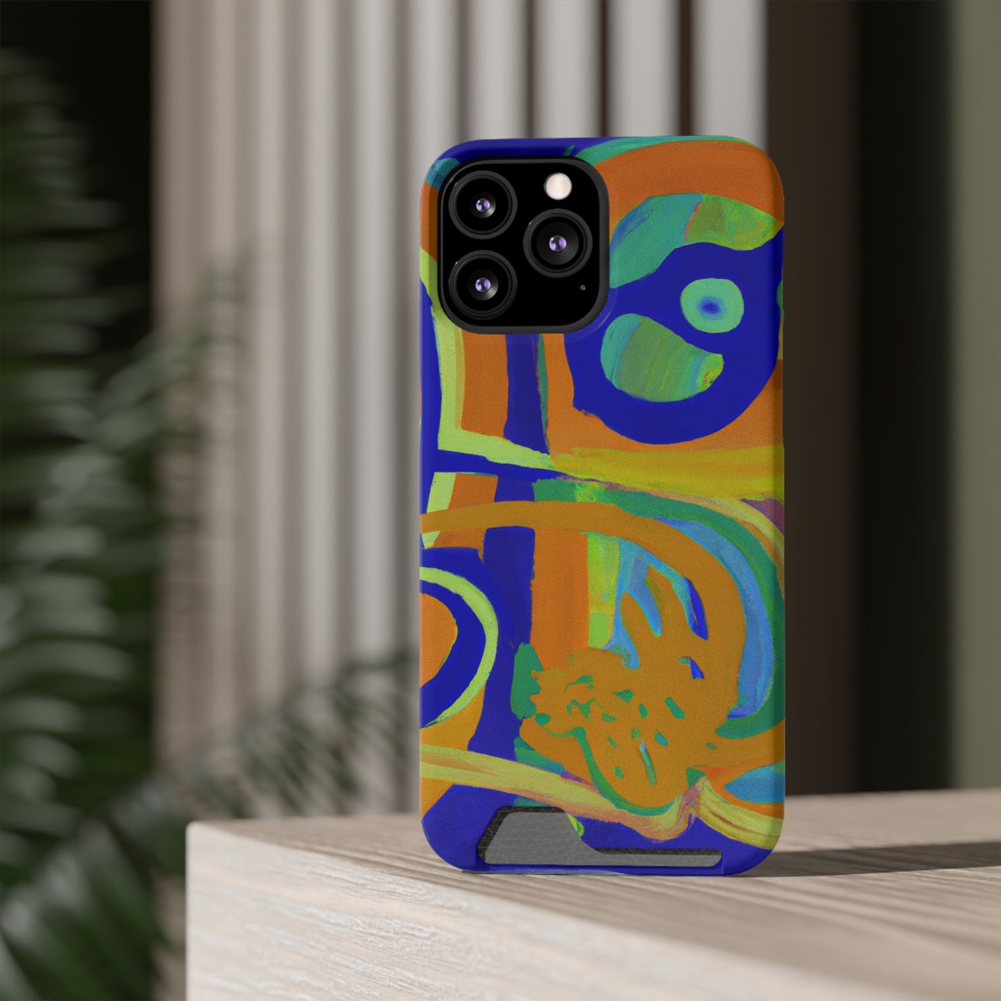 iPhone 13 and Samsung S21, S22 Cases with Card Holder Ft. Blue Orange Curves