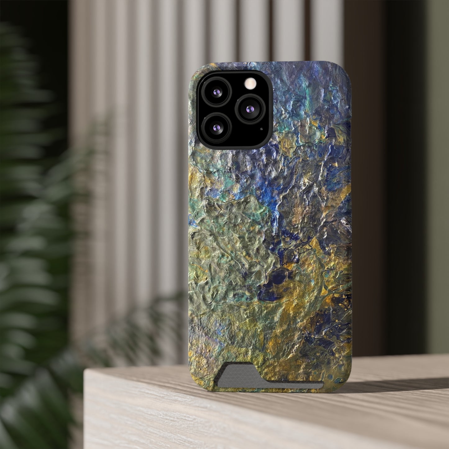 iPhone 13 and Samsung S21, S22 Cases with Card Holder Ft. Abstract Acrylic Gold Waterfall