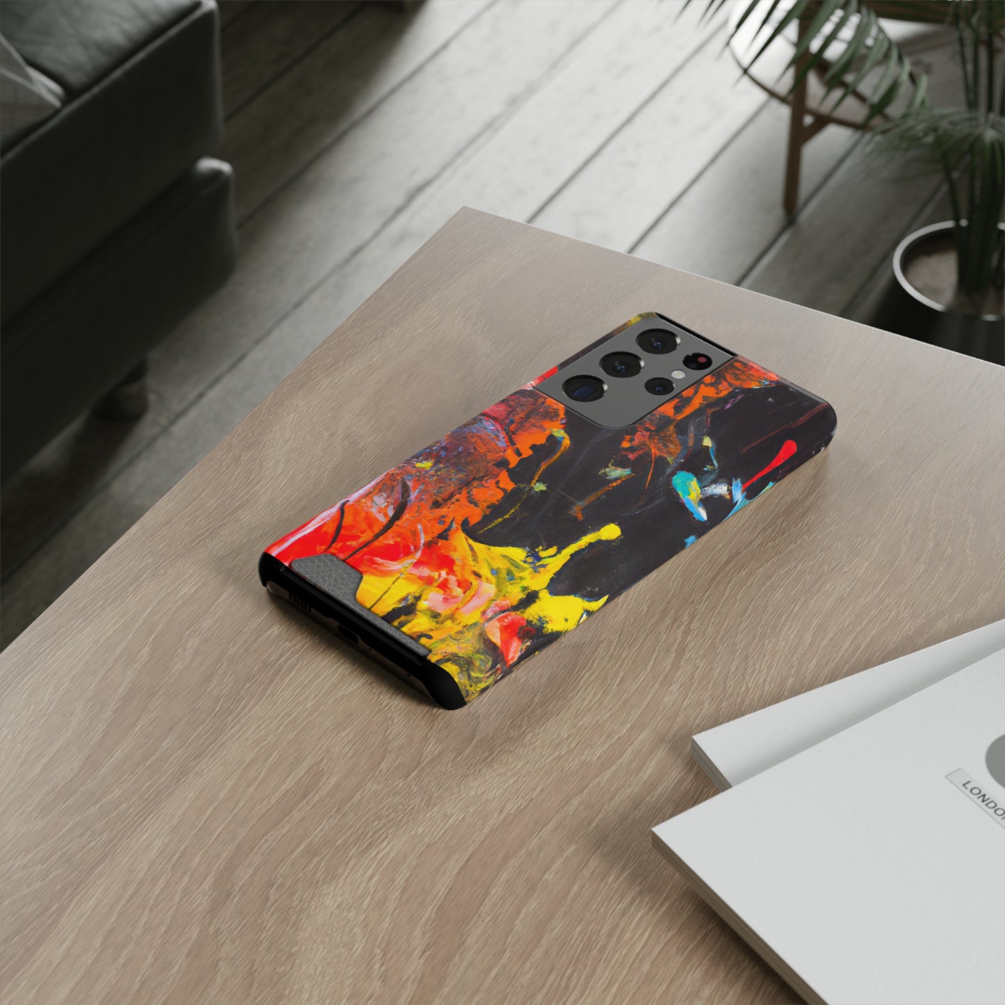 iPhone 13 and Samsung S21, S22 Cases with Card Holder Ft. Abstract Orange