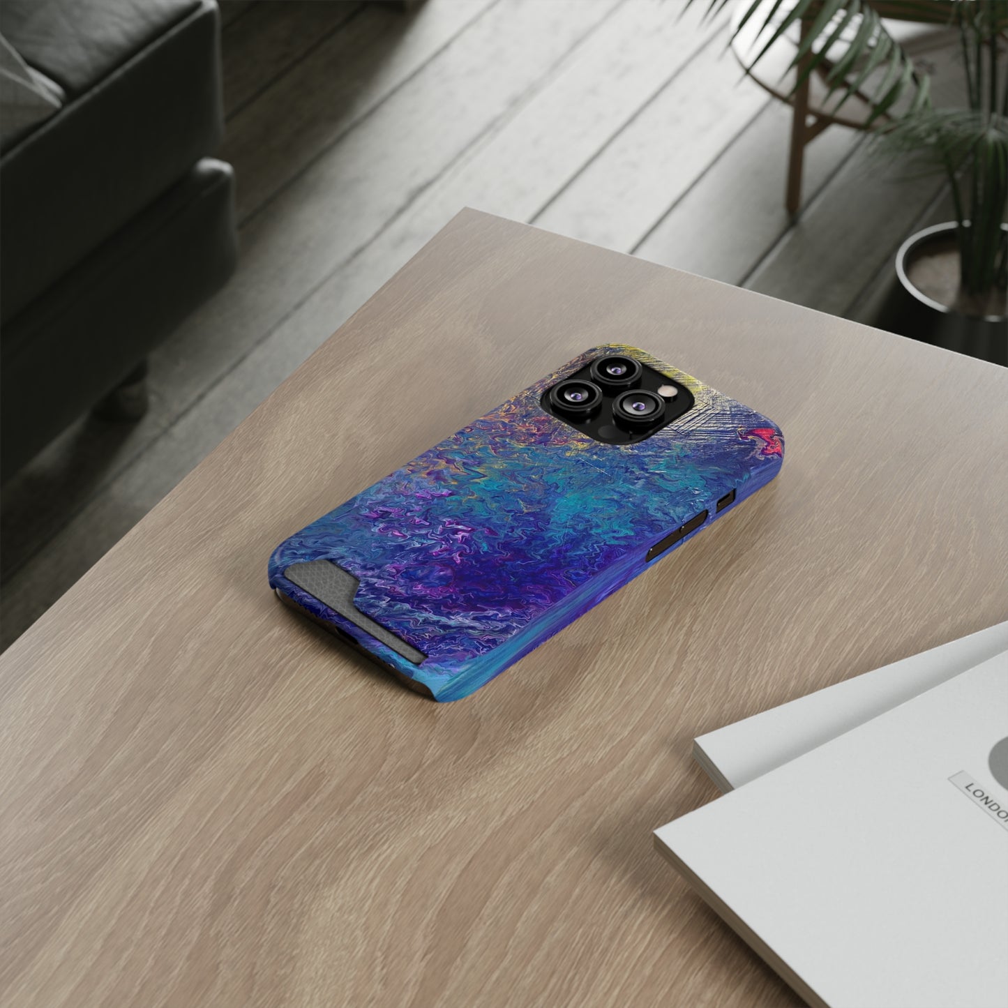iPhone 13 and Samsung S21, S22 Cases with Card Holder Ft. Abstract Blue Waterfall
