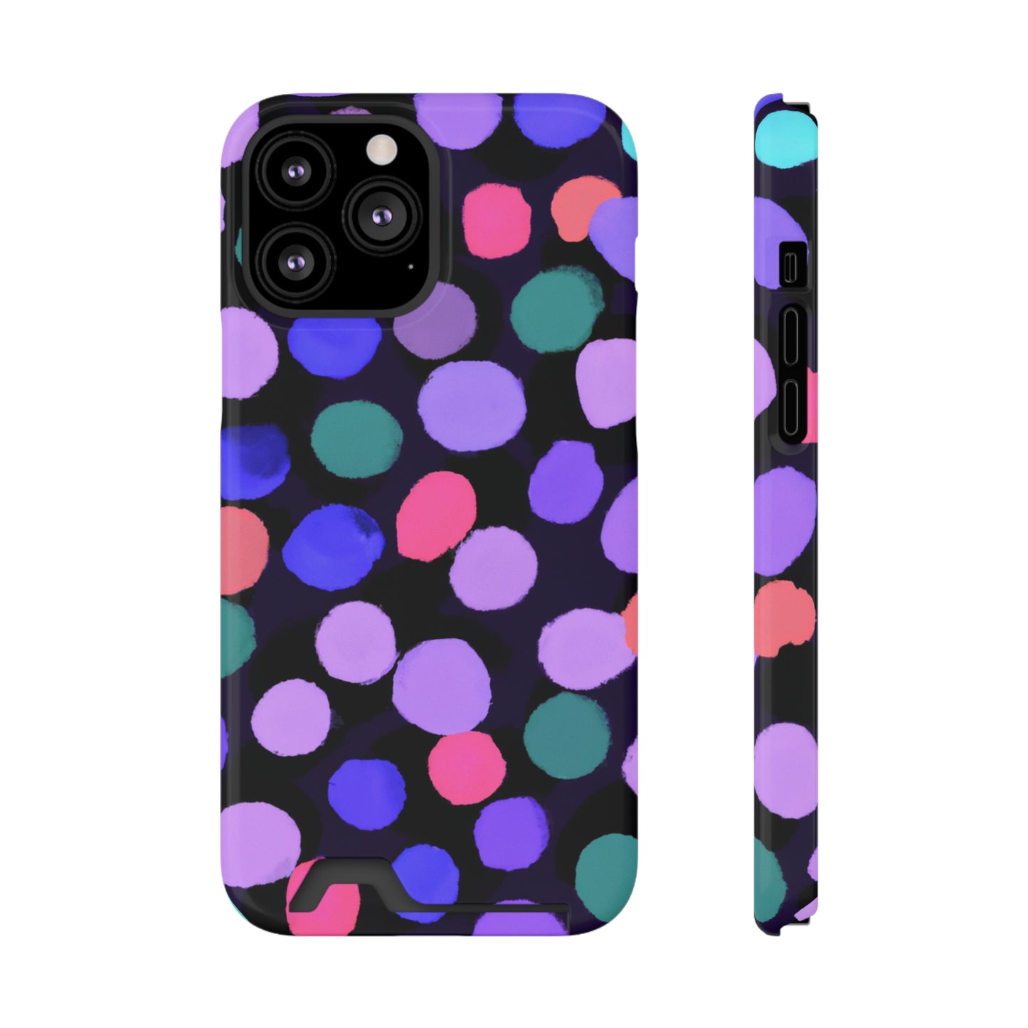 iPhone 13 and Samsung S21, S22 Cases with Card Holder Ft. Purple Dots