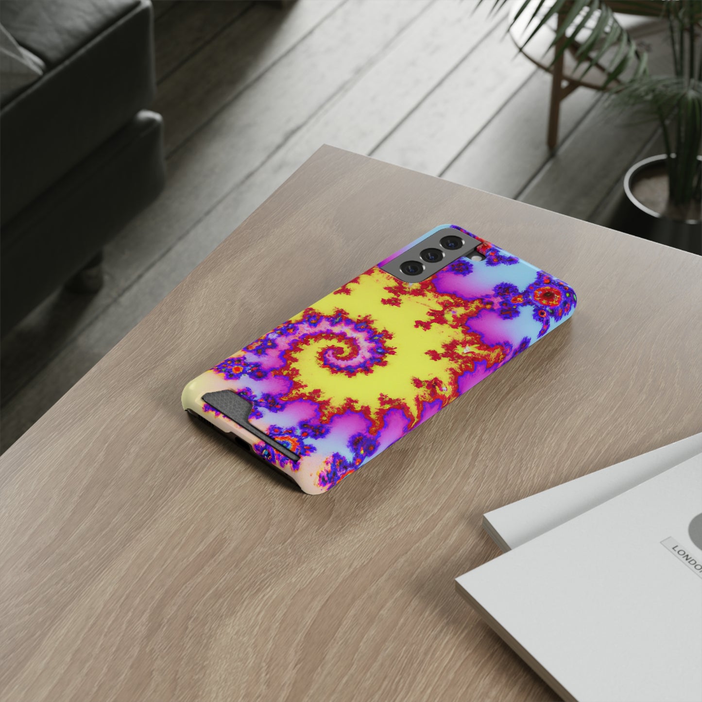 iPhone 13 and Samsung S21, S22 Cases with Card Holder Ft. Tie Dye Fractal