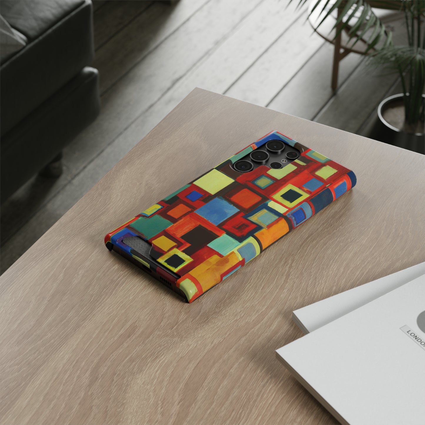 iPhone 13 and Samsung S21, S22 Cases with Card Holder Ft. Abstract Squares
