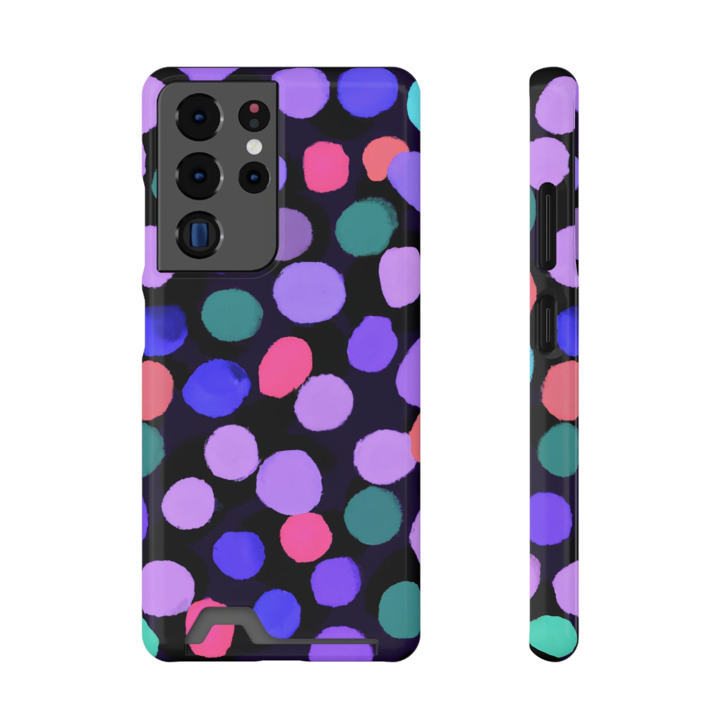 iPhone 13 and Samsung S21, S22 Cases with Card Holder Ft. Purple Dots
