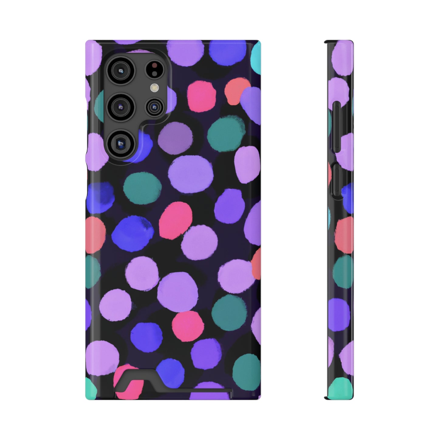 iPhone 13 and Samsung S21, S22 Cases with Card Holder Ft. Purple Dots