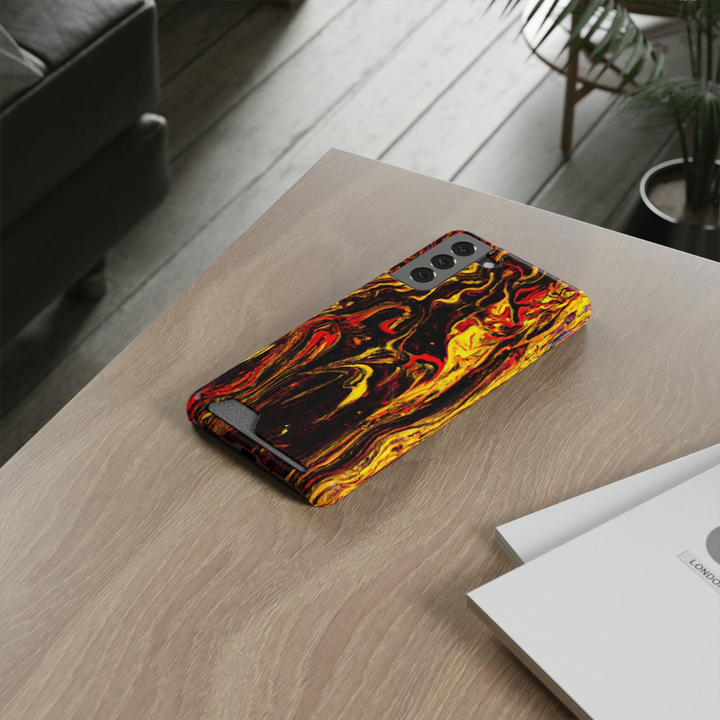iPhone 13 and Samsung S21, S22 Cases with Card Holder Ft. Abstract Black and Yellow