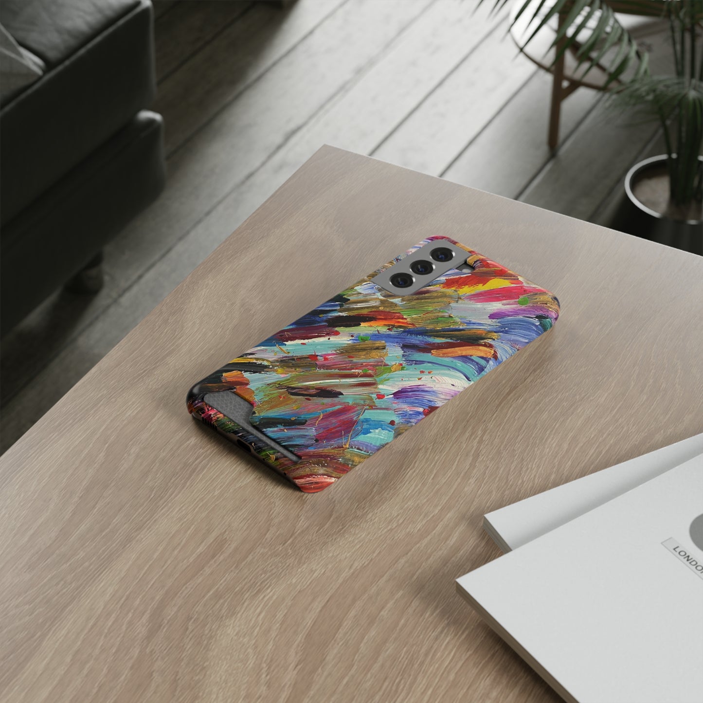 iPhone 13 and Samsung S21, S22 Cases with Card Holder Ft. Abstract Acrylic Feathers