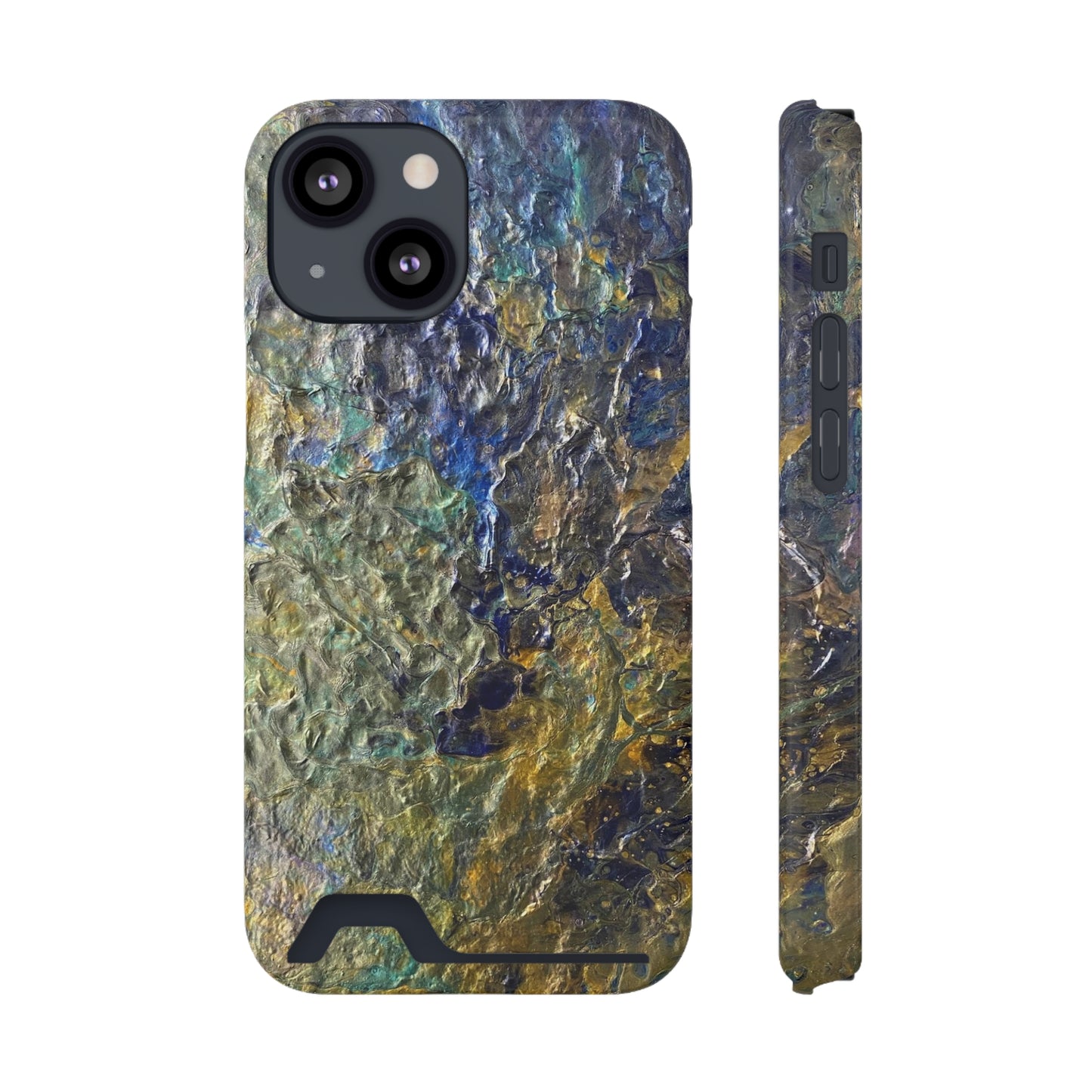 iPhone 13 and Samsung S21, S22 Cases with Card Holder Ft. Abstract Acrylic Gold Waterfall