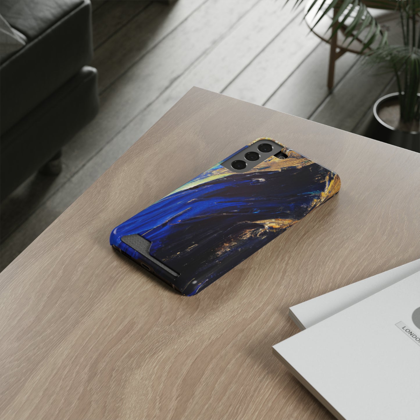 iPhone 13 and Samsung S21, S22 Cases with Card Holder Ft. Acrylic Blue Gold