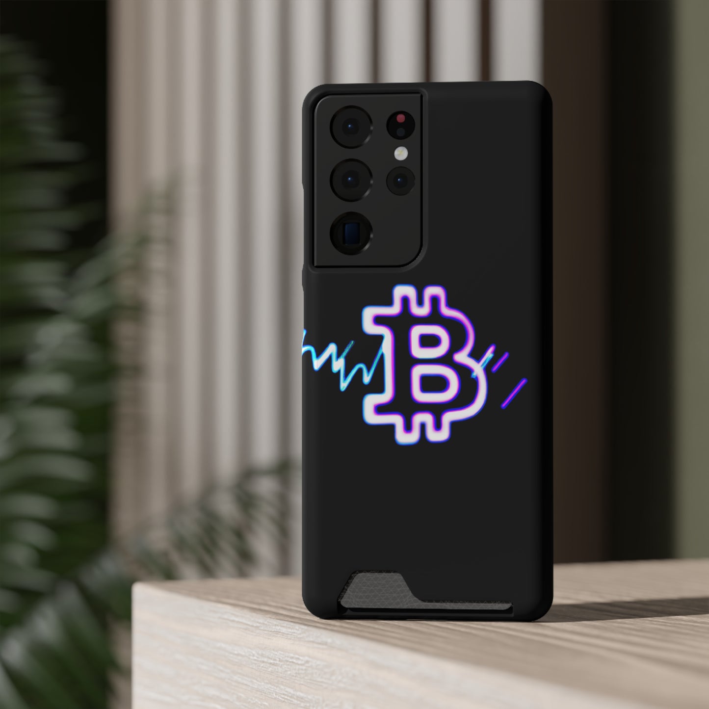 iPhone 13 and Samsung S21, S22 Cases with Card Holder Ft. Synthwave Bitcoin Symbol