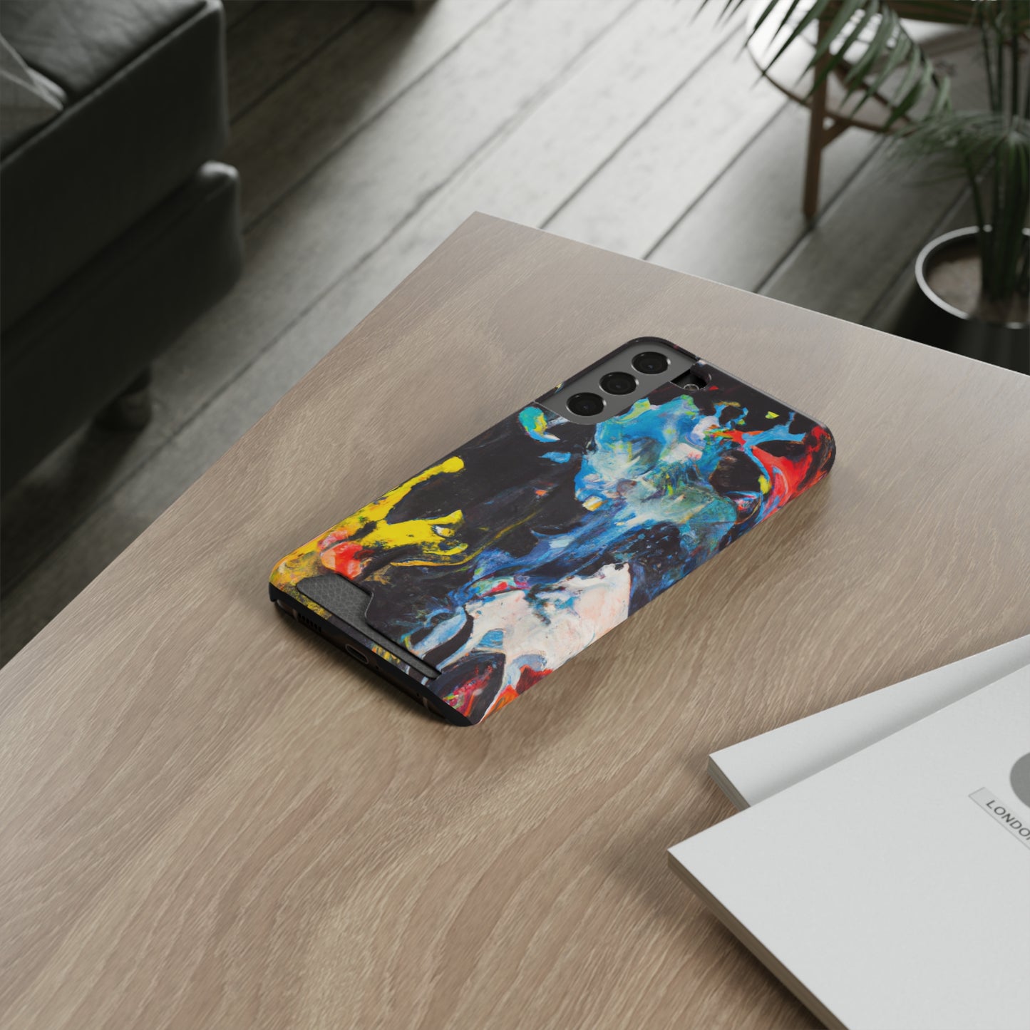 iPhone 13 or Samsung S21, S22 Case with Card Holder Ft. Blue Splat
