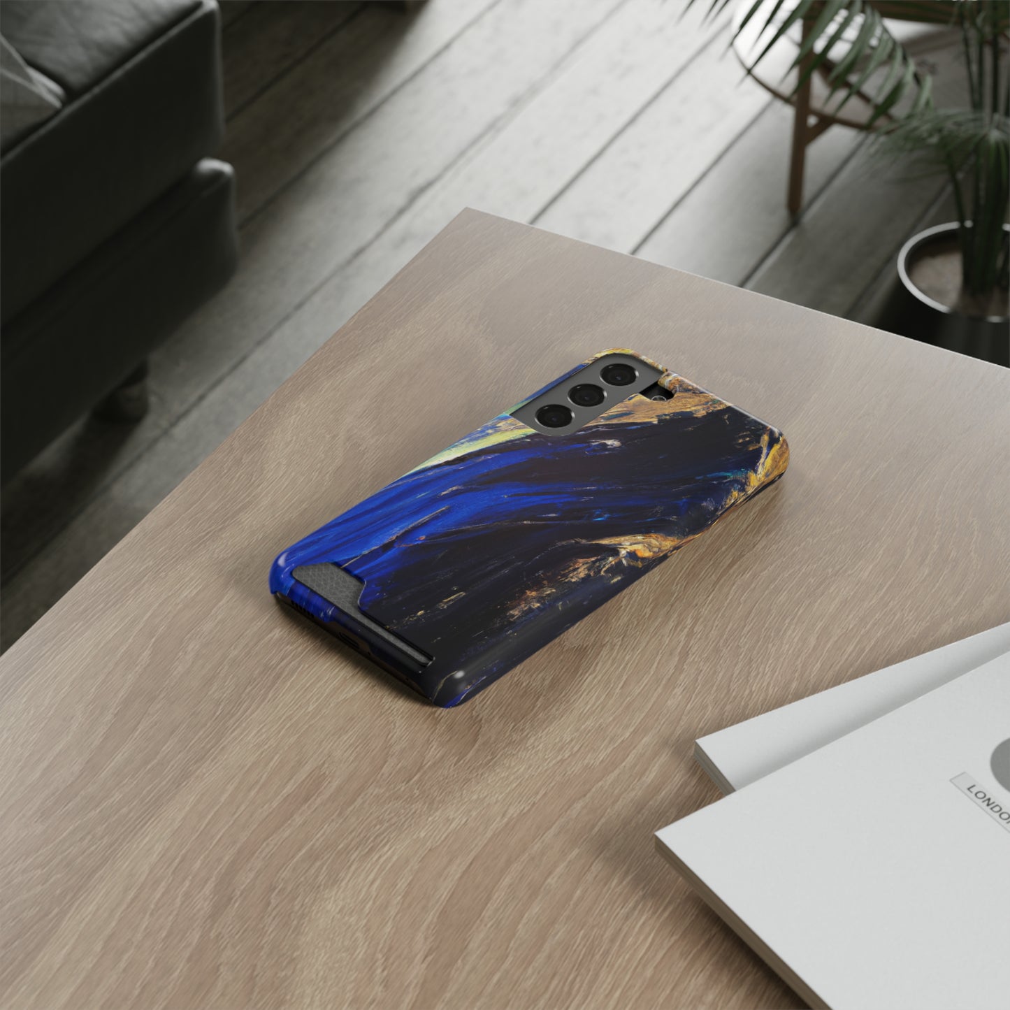 iPhone 13 and Samsung S21, S22 Cases with Card Holder Ft. Acrylic Blue Gold