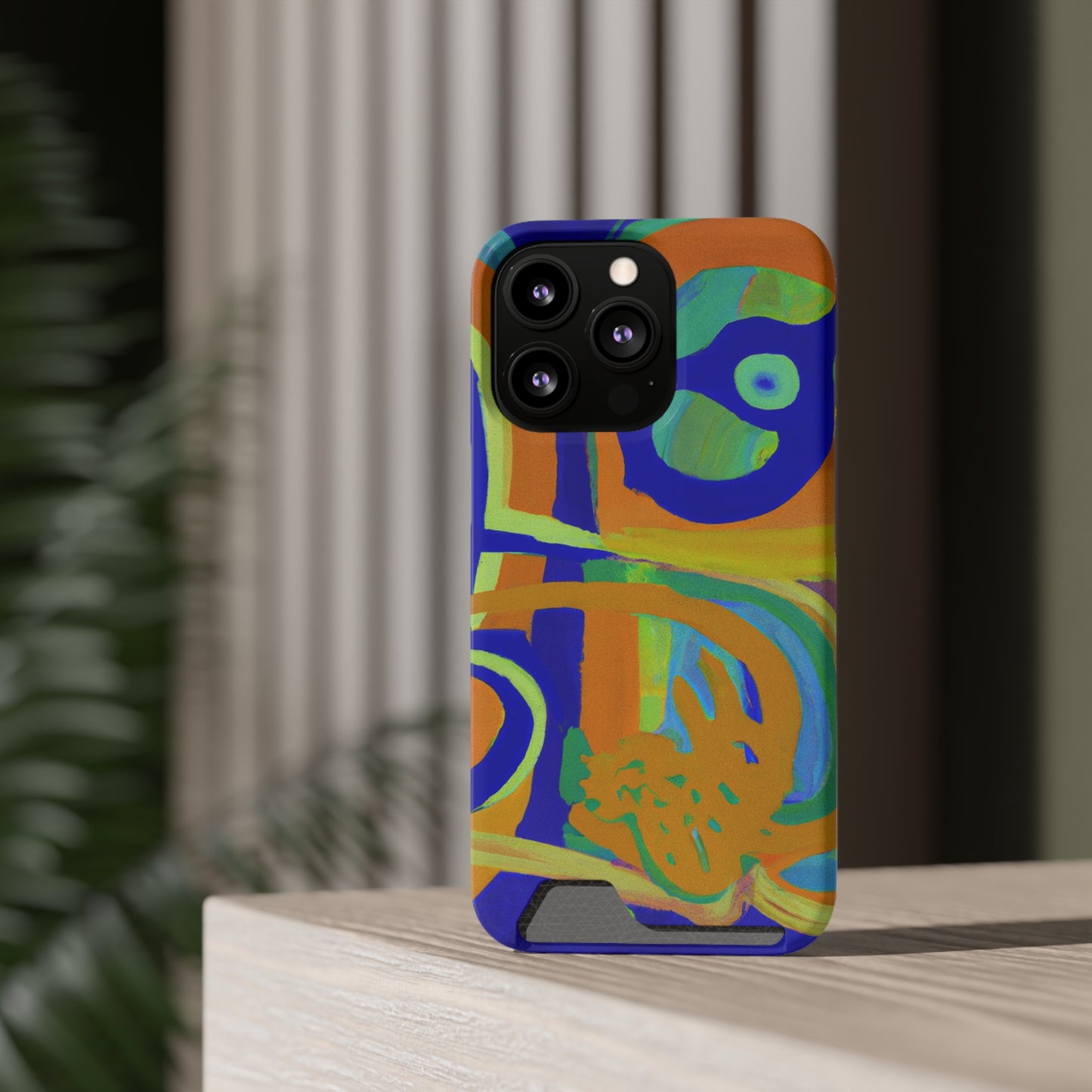 iPhone 13 and Samsung S21, S22 Cases with Card Holder Ft. Blue Orange Curves
