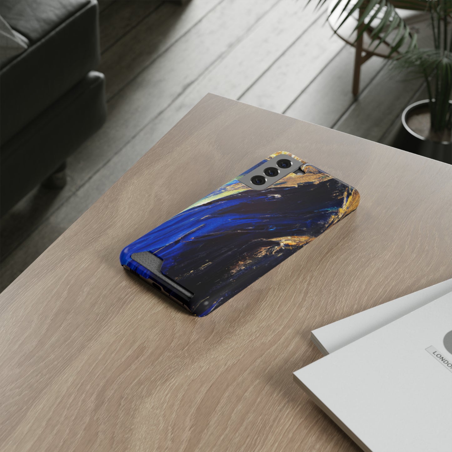 iPhone 13 and Samsung S21, S22 Cases with Card Holder Ft. Acrylic Blue Gold