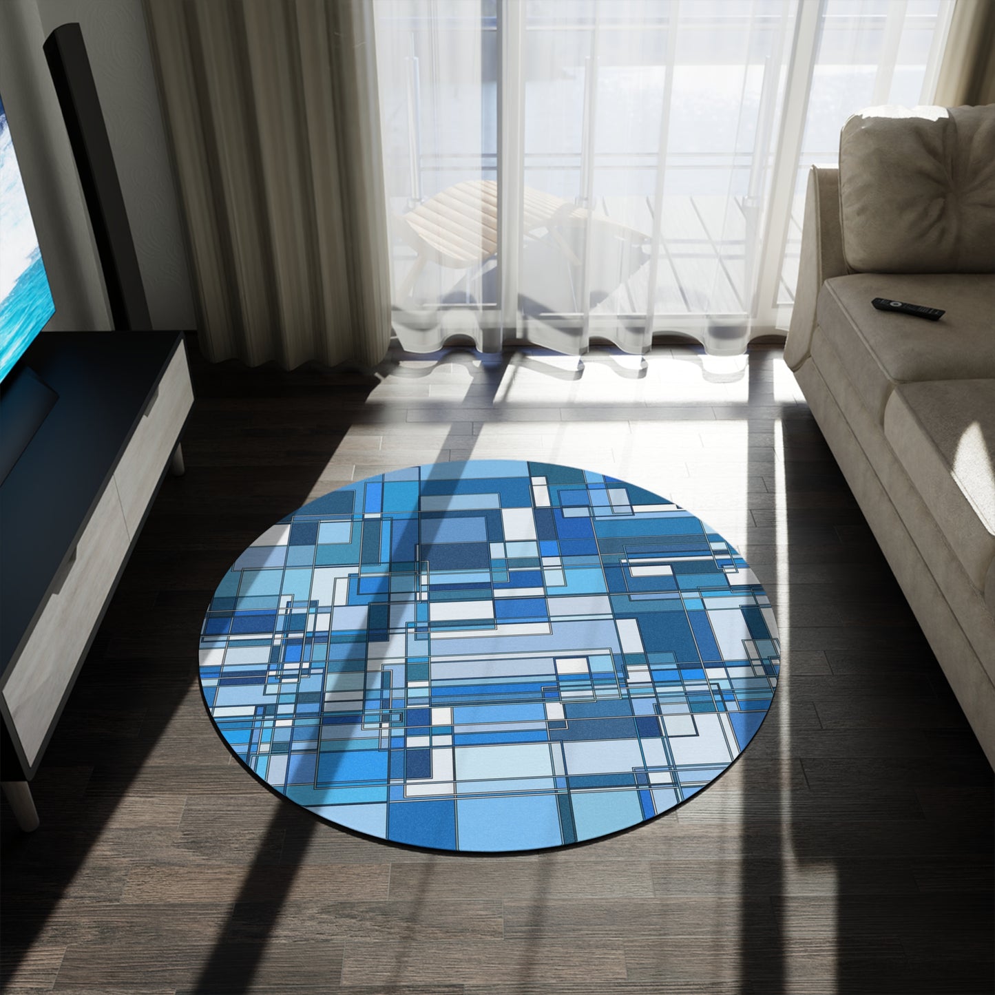 Geometric Blue Betweens Mosaic Round Rug: Modern Abstract Circle Accent Rug