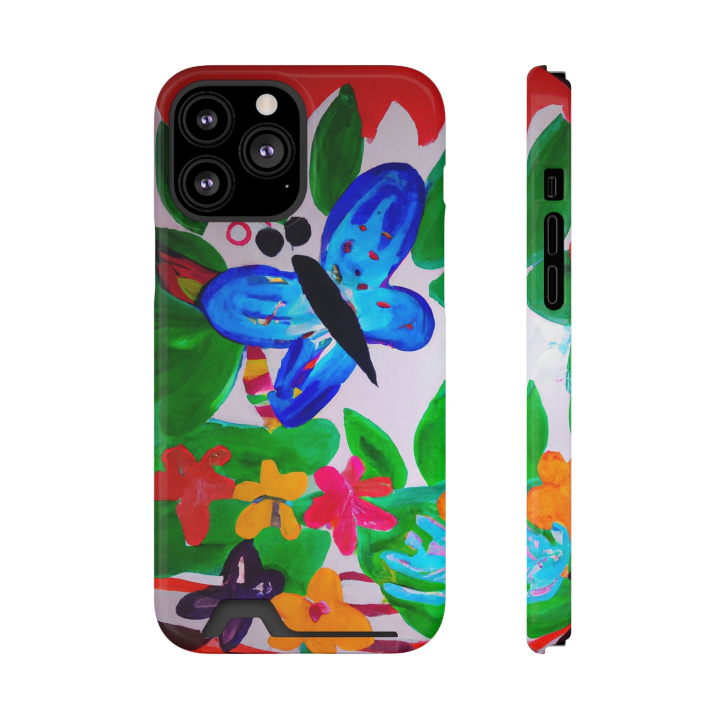 iPhone 13 and Samsung S21, S22 Cases with Card Holder Ft. Watercolor Butterfly