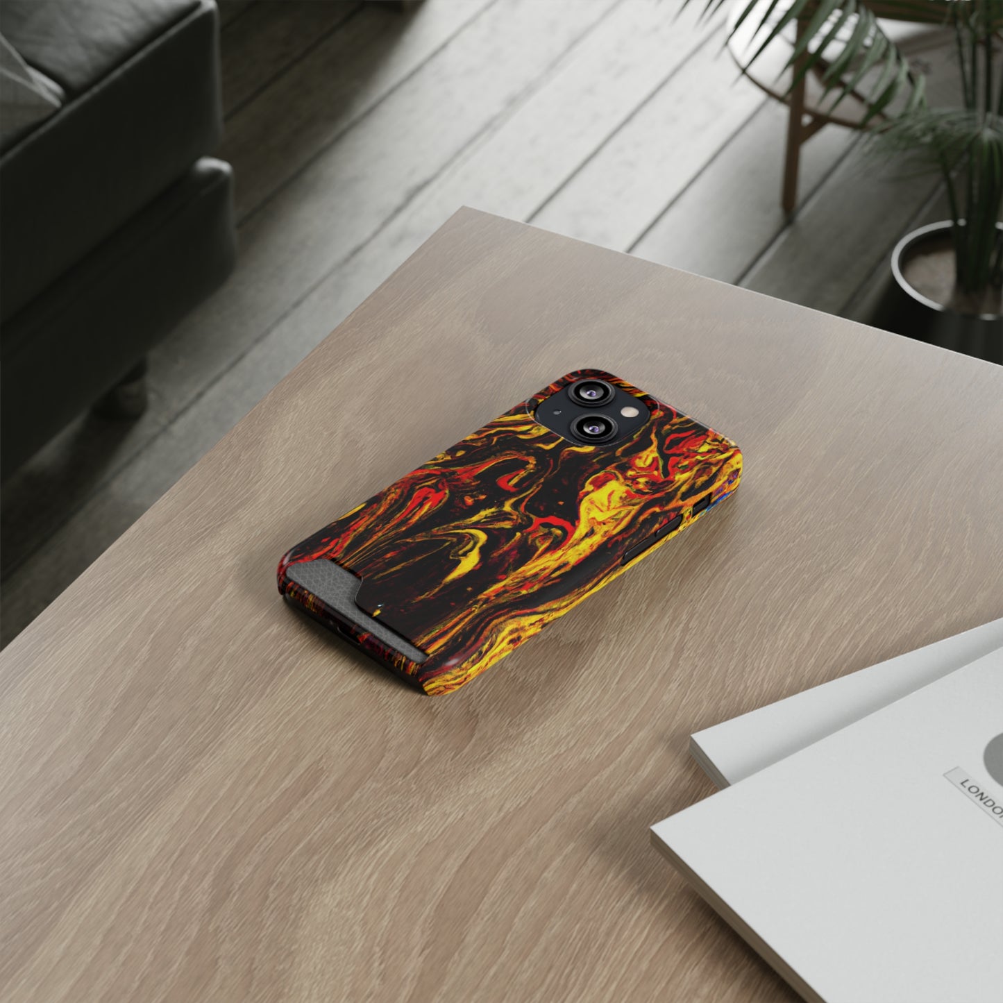 iPhone 13 and Samsung S21, S22 Cases with Card Holder Ft. Abstract Black and Yellow
