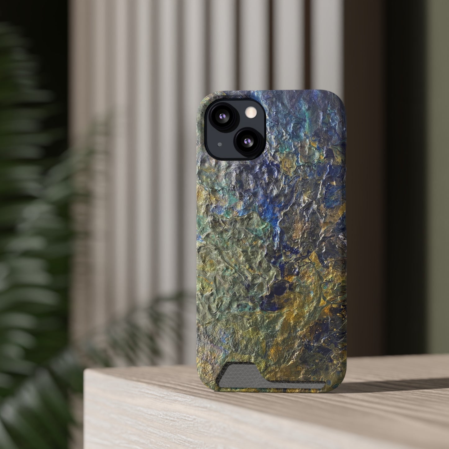 iPhone 13 and Samsung S21, S22 Cases with Card Holder Ft. Abstract Acrylic Gold Waterfall