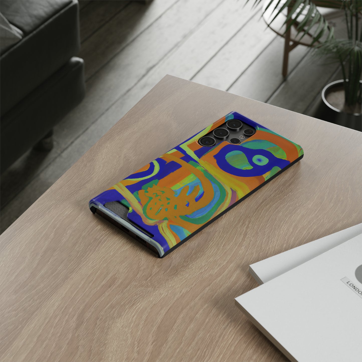 iPhone 13 and Samsung S21, S22 Cases with Card Holder Ft. Blue Orange Curves