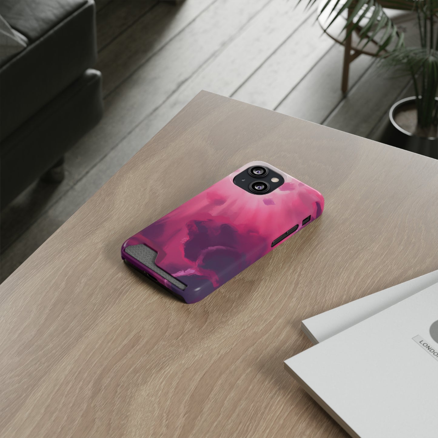 iPhone 13 and Samsung S21, S22 Cases with Card Holder Ft. Abstract Pink Sky