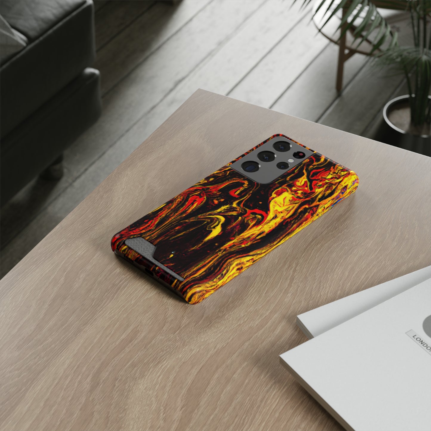 iPhone 13 and Samsung S21, S22 Cases with Card Holder Ft. Abstract Black and Yellow