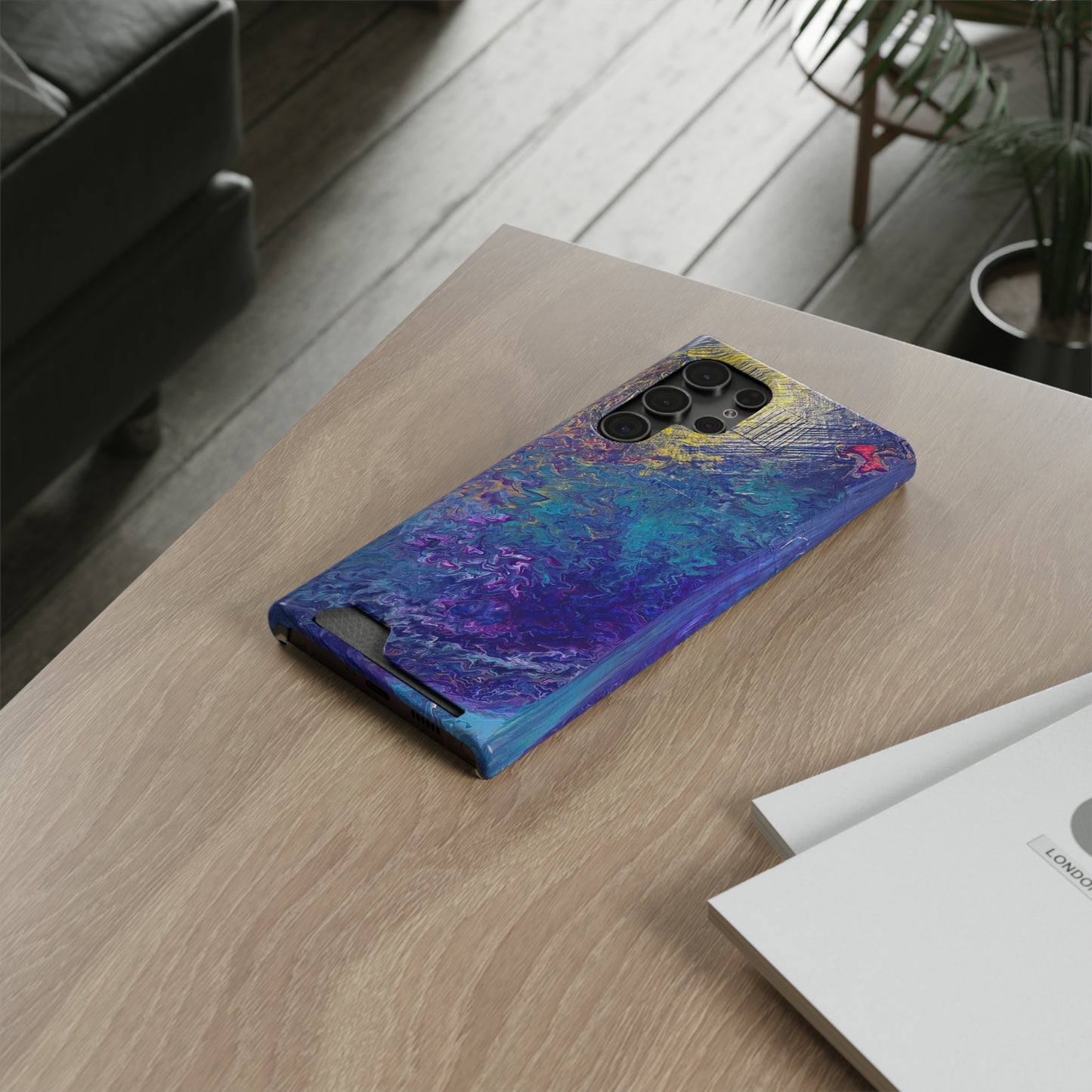 iPhone 13 and Samsung S21, S22 Cases with Card Holder Ft. Abstract Blue Waterfall