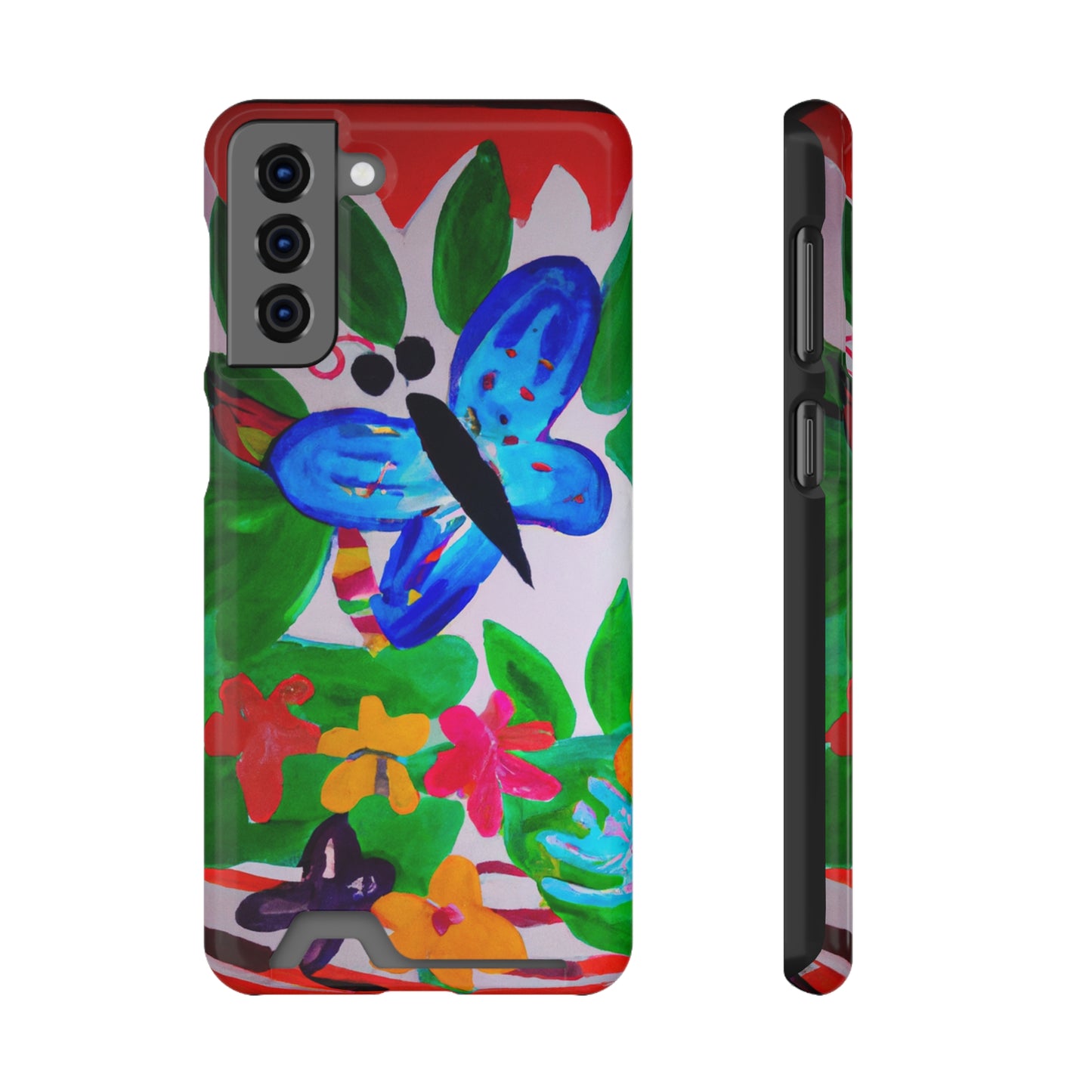 iPhone 13 and Samsung S21, S22 Cases with Card Holder Ft. Watercolor Butterfly
